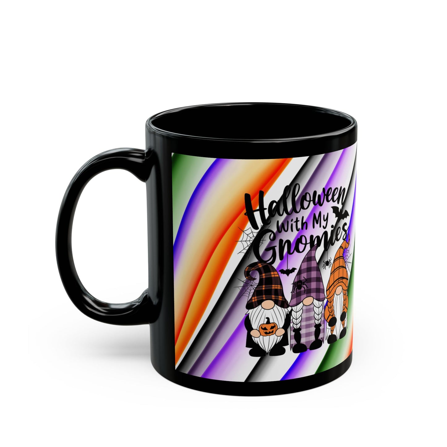 Halloween Theme Black Mug (11oz, 15oz), Cute Halloween Expression, Halloween Lovers, Gnome Lovers, Coffee, Tea, Hot Chocolate Lovers Gift Idea