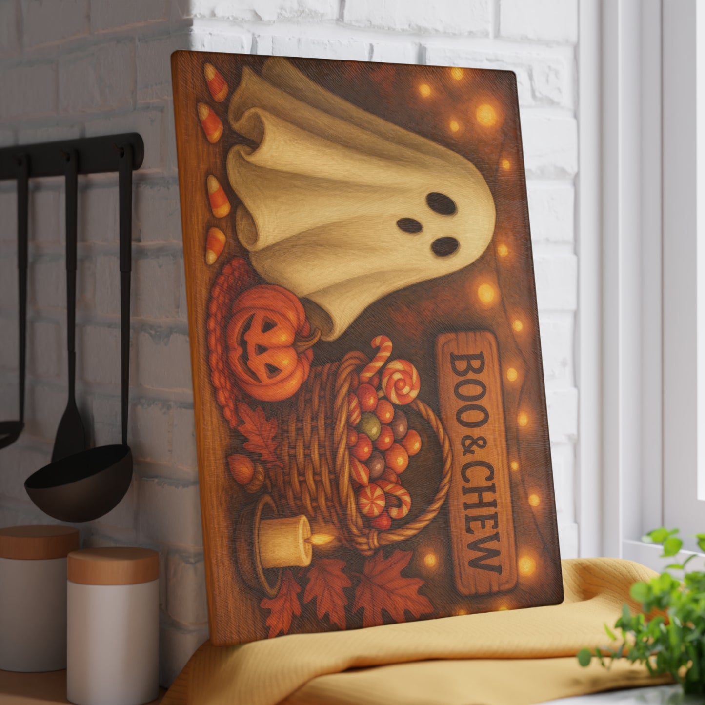 Halloween Themed Glass Cutting Board with 'Boo & Chew' Design