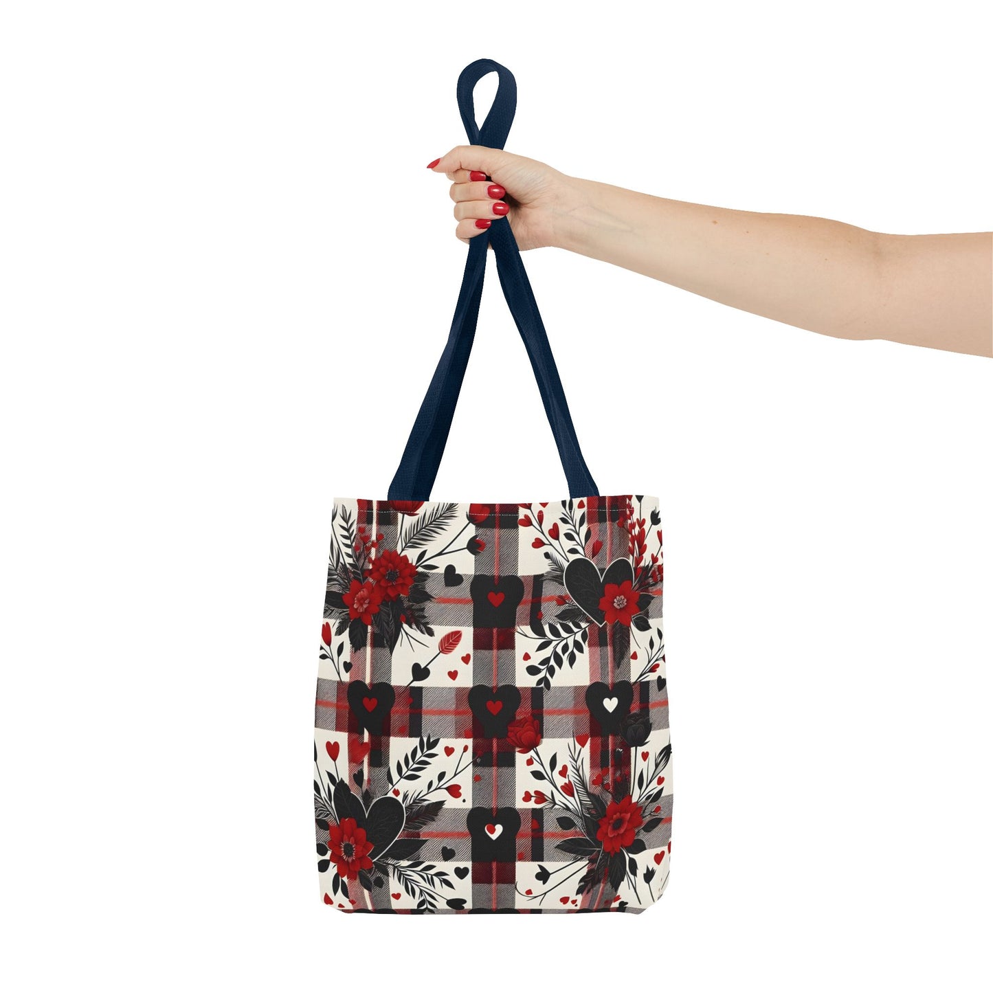 Fashionable Valentine Tote Bag (AOP) with Flowers and Hearts Plaid Design Pattern