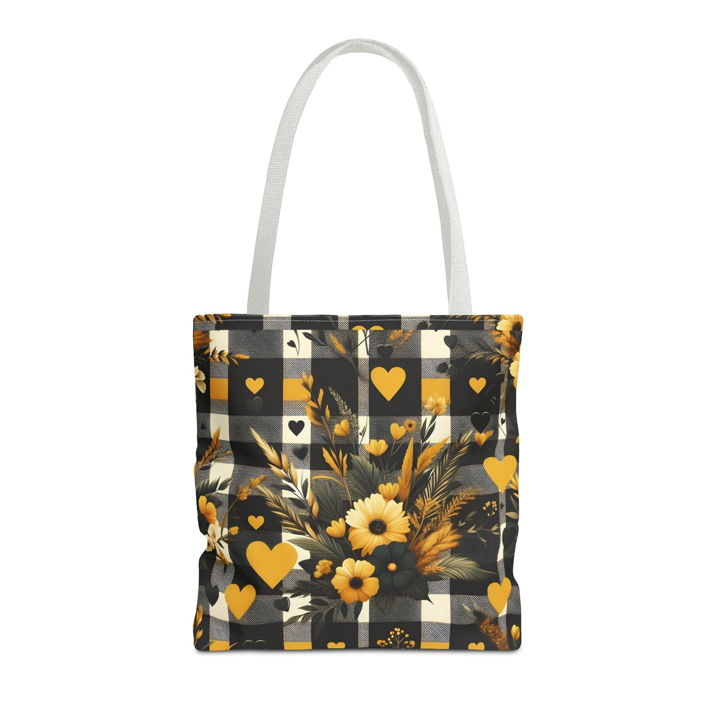 Stylish Yellow and Black Plaid Pattern with Floral and Hearts Tote Bag(AOP)