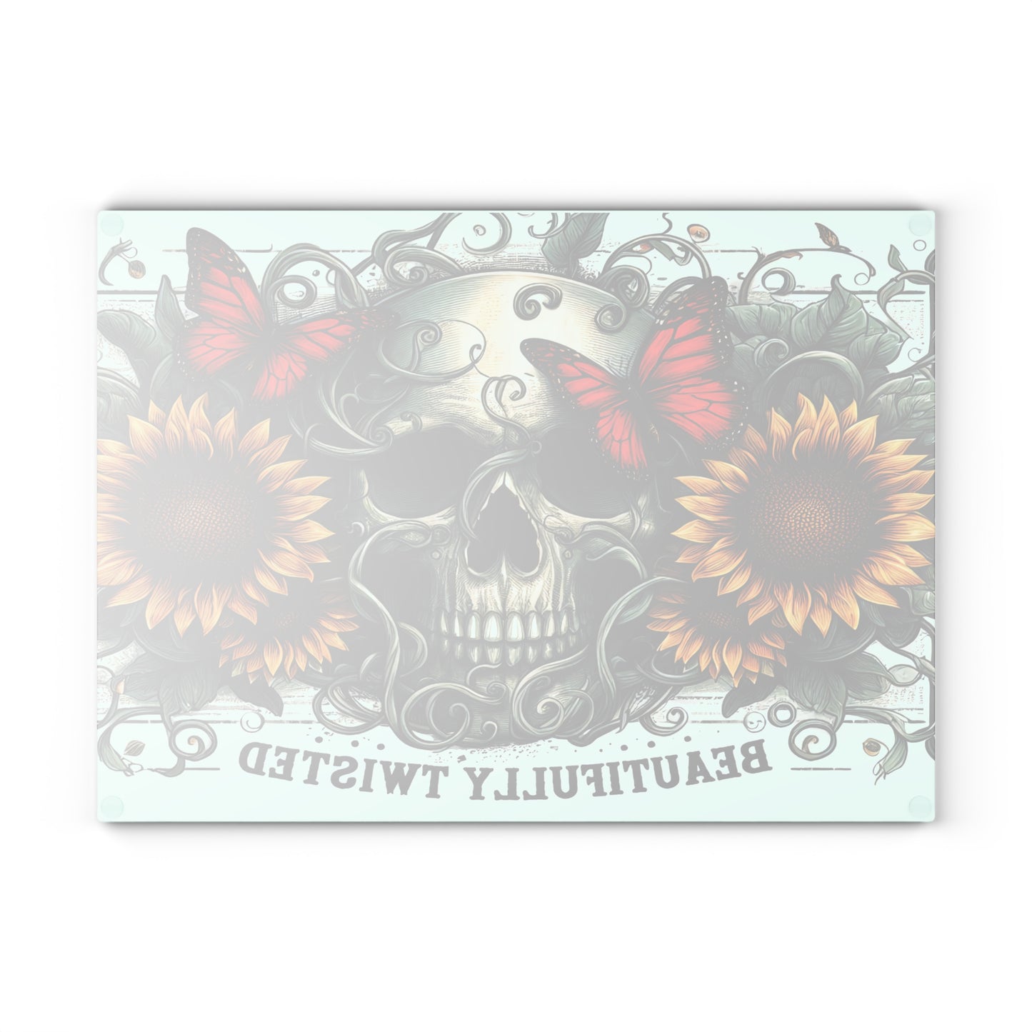 Beautifully Twisted Skull Glass Cutting Board with Sunflowers and Butterflies