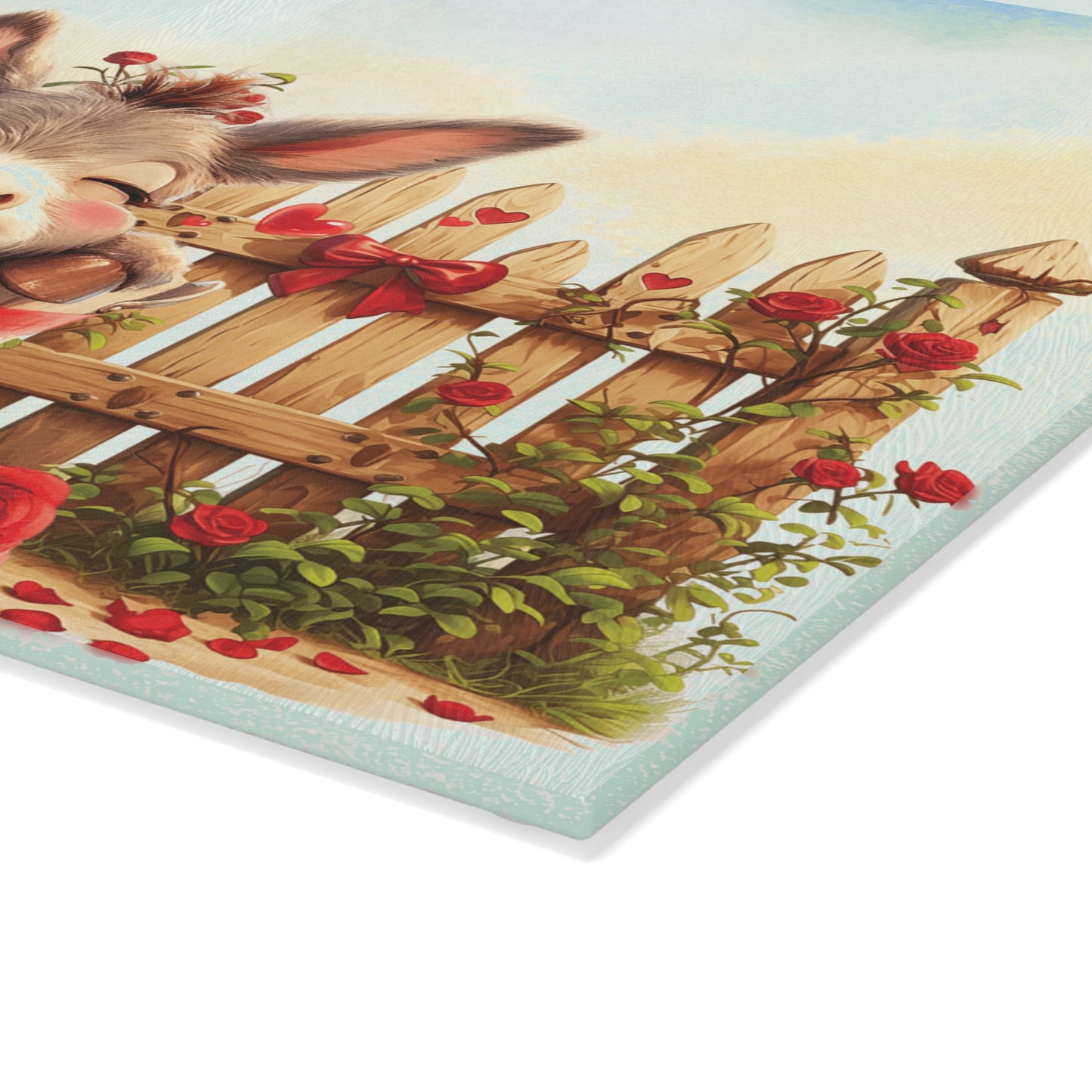 Glass Cutting Board - Cute Farm Donkey & Chicken Kitchen Decor, Heart Garland Rustic Countryside