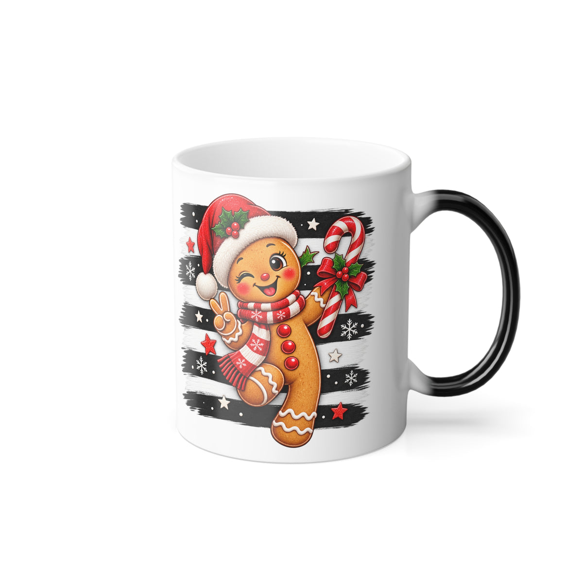 Cheerful Gingerbread Man in Santa Hat with Candy Cane Color Morphing Mug