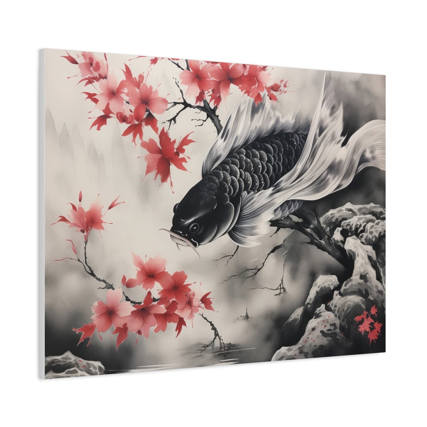 Koi Fish Artwork Canvas Wall Art Print - Elegant Decorative Wall Art with Cherry Blossoms