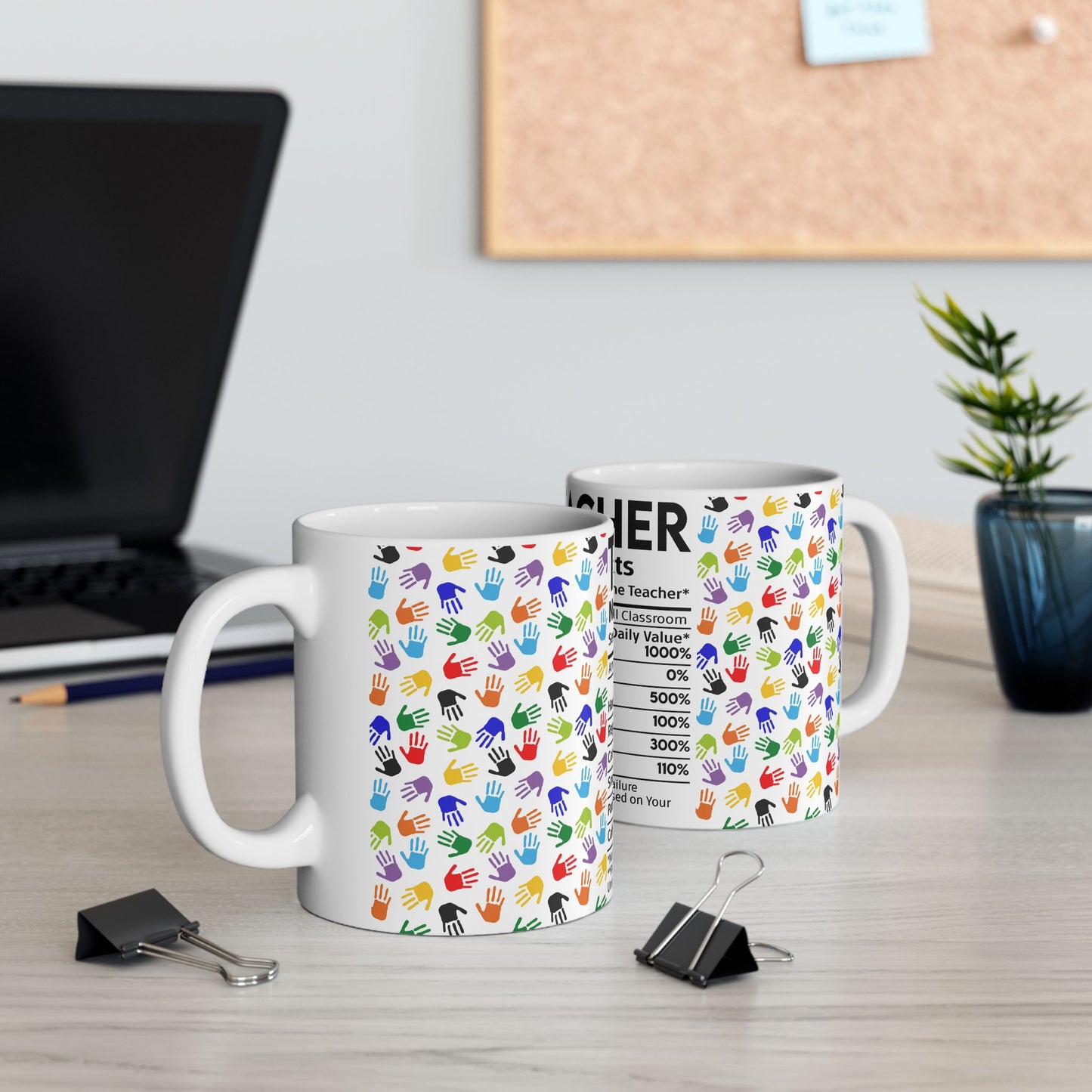 Education Theme Ceramic Mug, (11oz, 15oz), Cute Teacher Nutrition Fact Expression with Hand Prints, Gift Idea for Educators, Coffee, Tea, Hot Chocolate Lovers