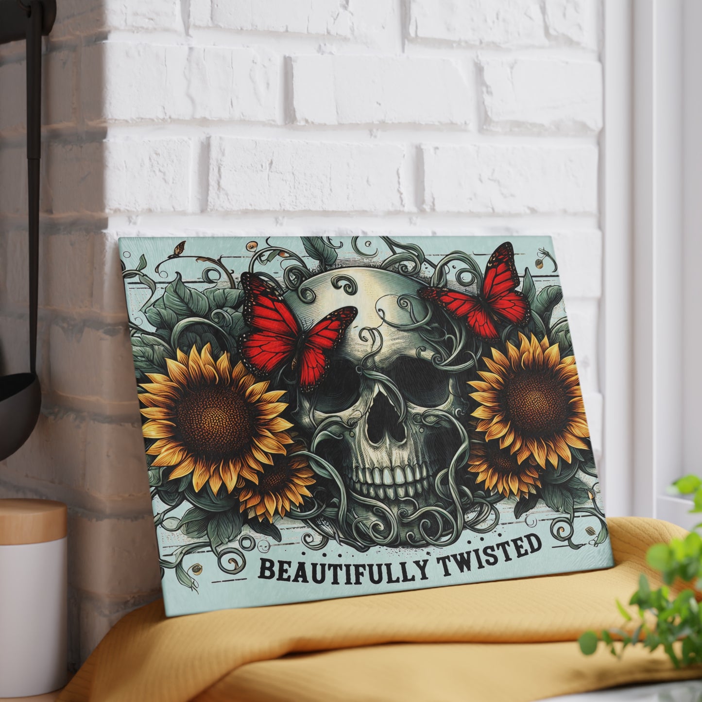 Beautifully Twisted Skull Glass Cutting Board with Sunflowers and Butterflies