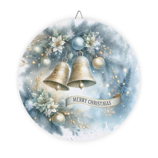 Rustic Charm Christmas Bells Wood Sign - Blue & Gold Merry Christmas