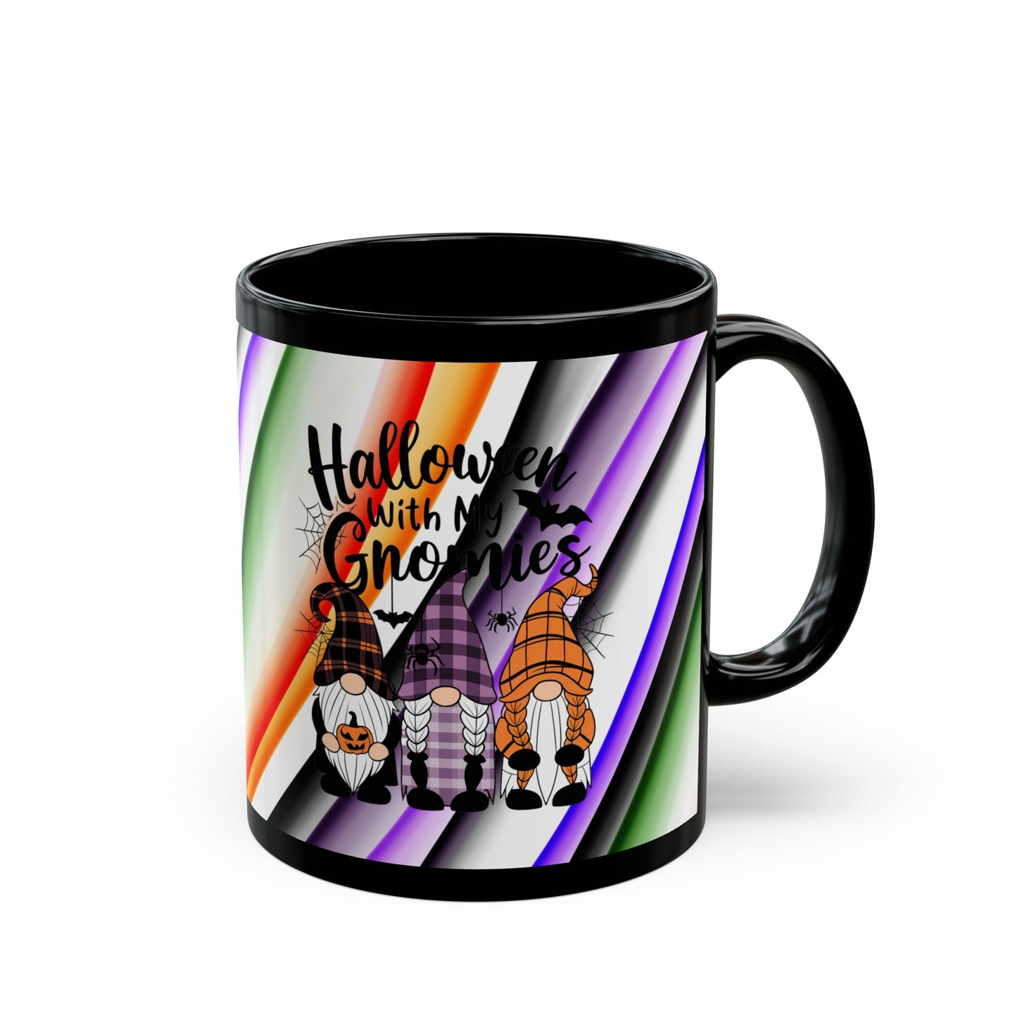 Halloween Theme Black Mug (11oz, 15oz), Cute Halloween Expression, Halloween Lovers, Gnome Lovers, Coffee, Tea, Hot Chocolate Lovers Gift Idea