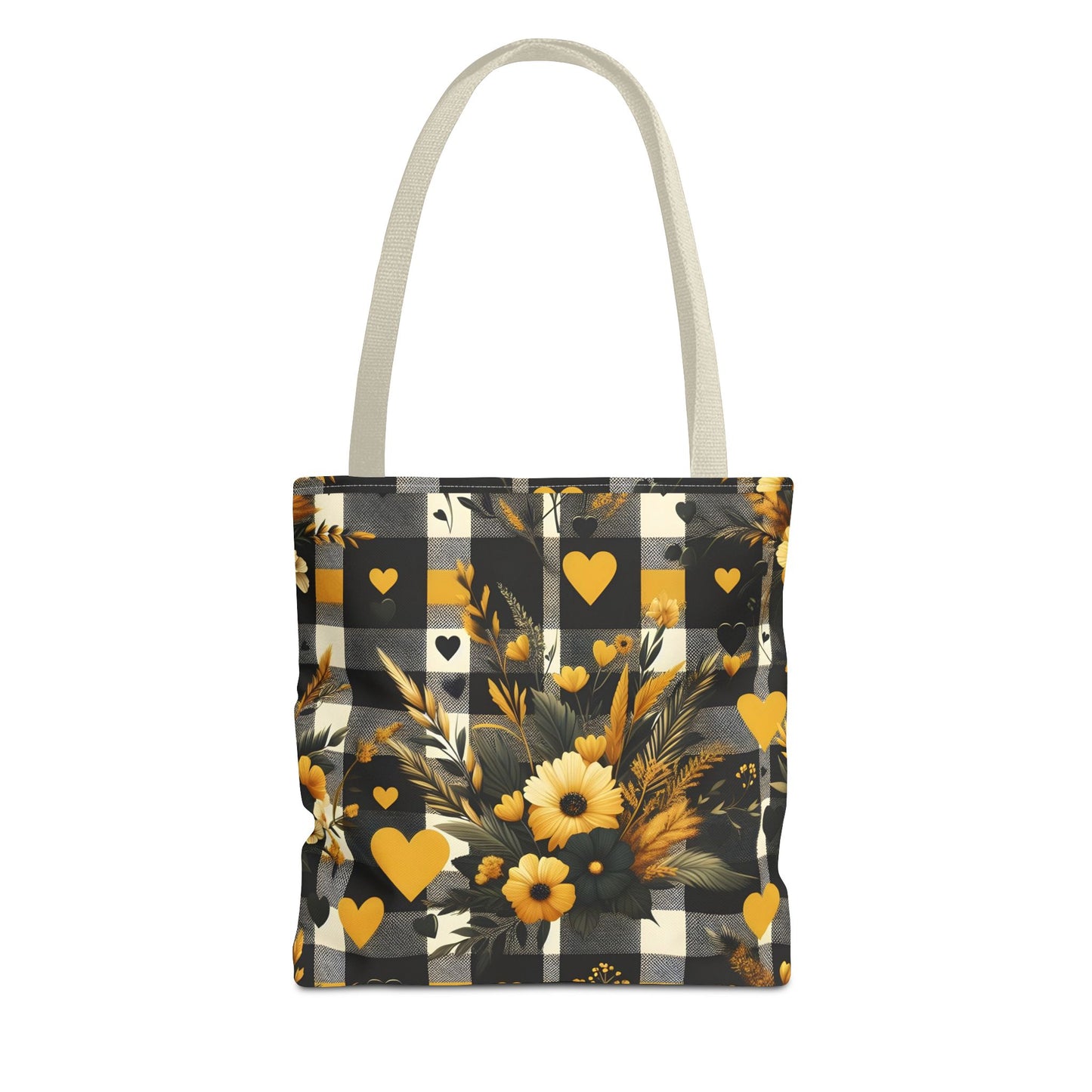 Stylish Yellow and Black Plaid Pattern with Floral and Hearts Tote Bag(AOP)