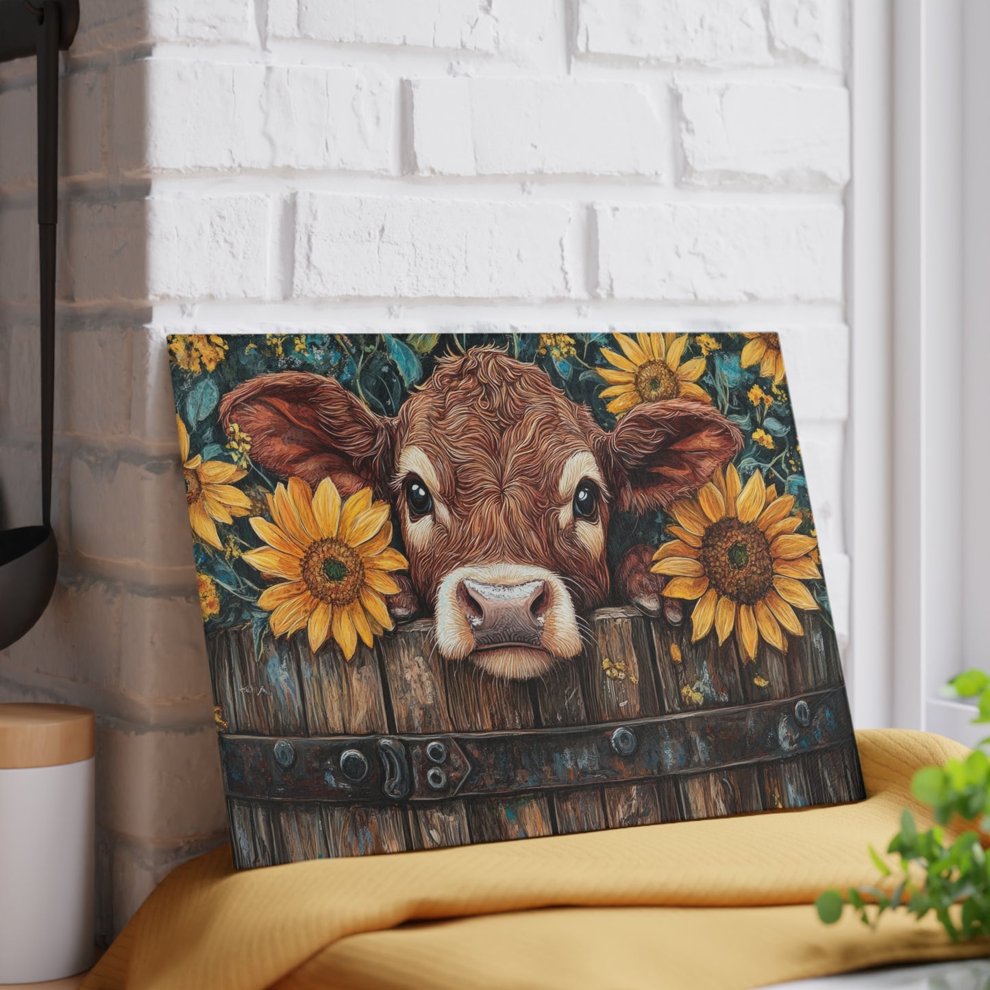 Cow and Sunflower Glass Cutting Board - Rustic Kitchen Decor