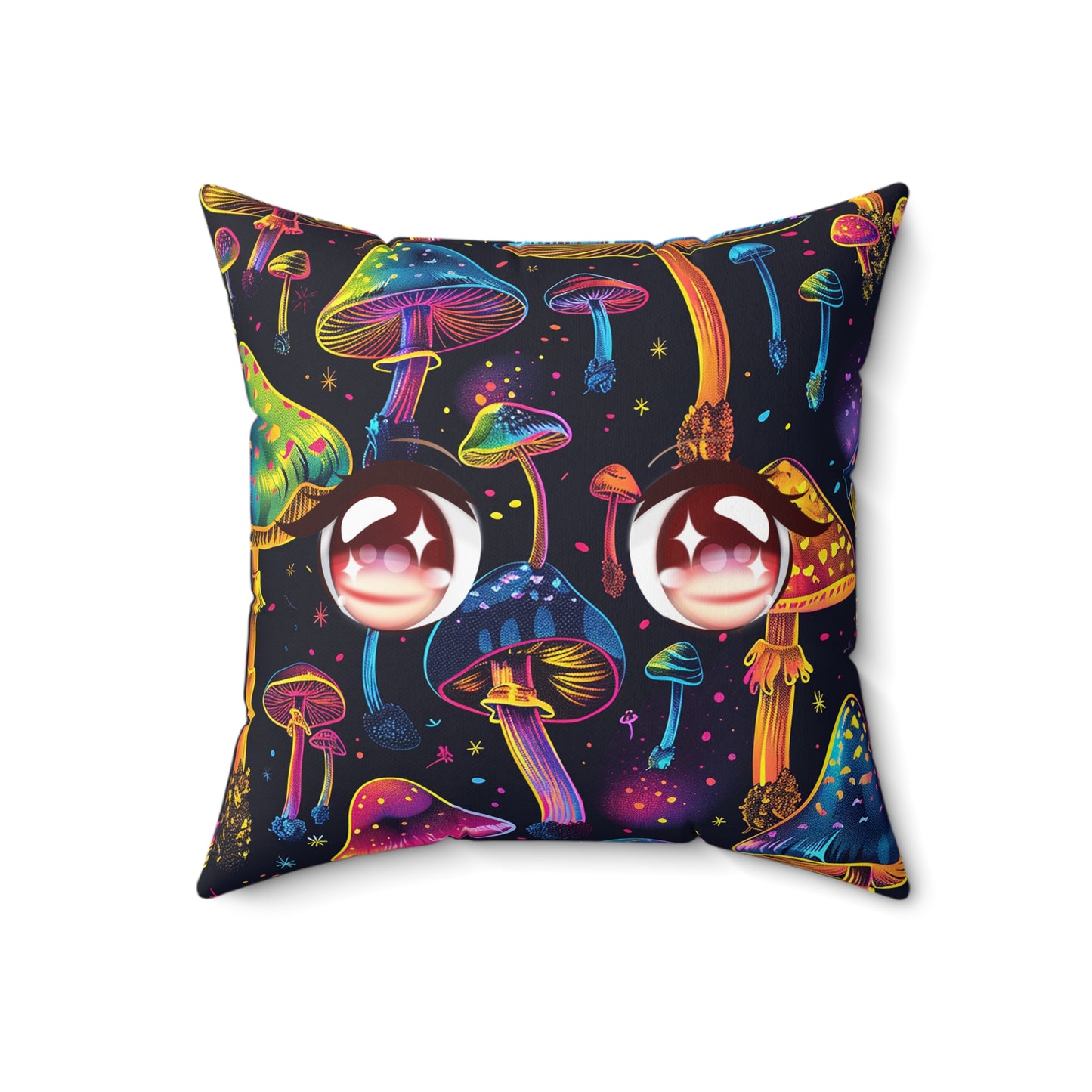 Neon Mushroom Pattern Spun Polyester Square Pillow, Stylish Neon Mushroom Decor for Home or Office, Great Gift Idea for Occasion for Anyone