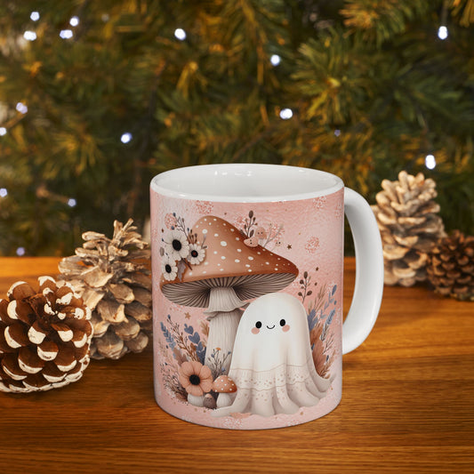Whimsical Floral Mushroom Cute Ghost Mug, Cute Cafe Mug, Halloween Gift, Cozy Beverage Container, Fall Decor, Coffee Lover Gift