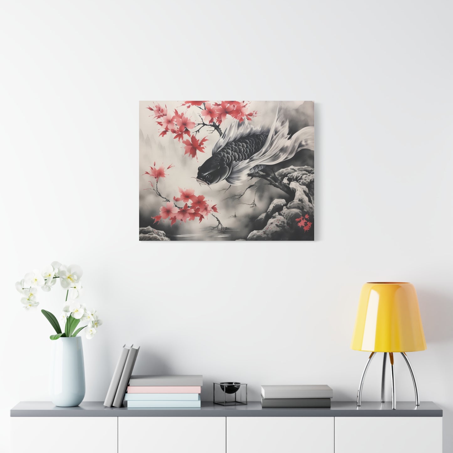 Koi Fish Artwork Canvas Wall Art Print - Elegant Decorative Wall Art with Cherry Blossoms