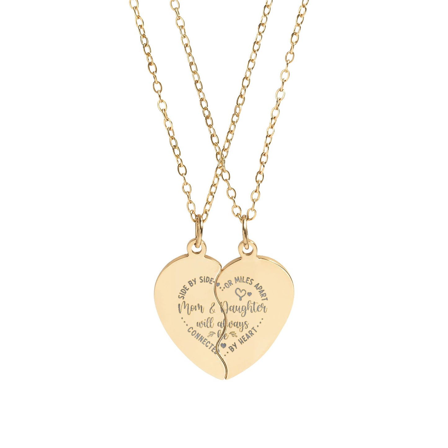 Mom & Daughter Heart Split Pendant Necklace Set | Engravable | 18K Gold & Stainless Steel
