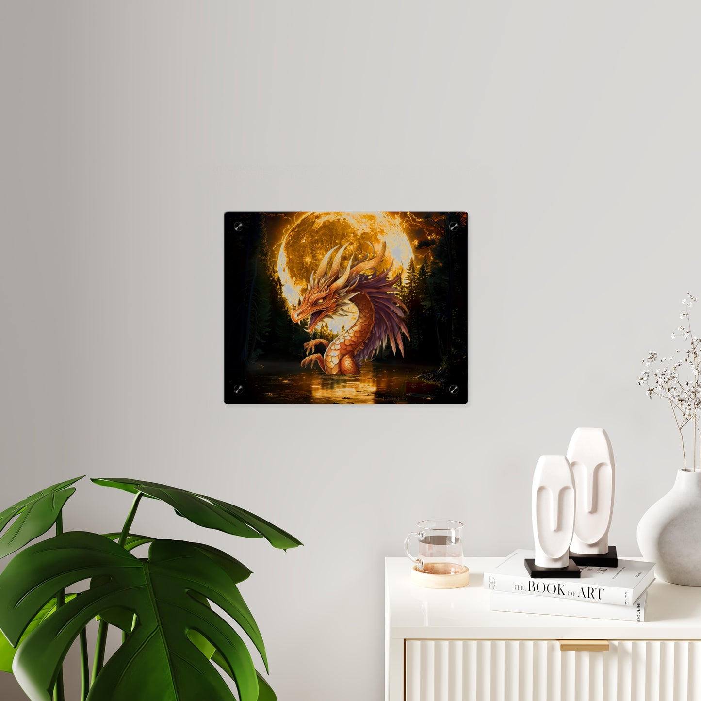 Gothic Theme Acrylic Wall Art Panel, Purple Dragon with Moon Background, Dragon Lovers, For Anyone, Accent for Any Room