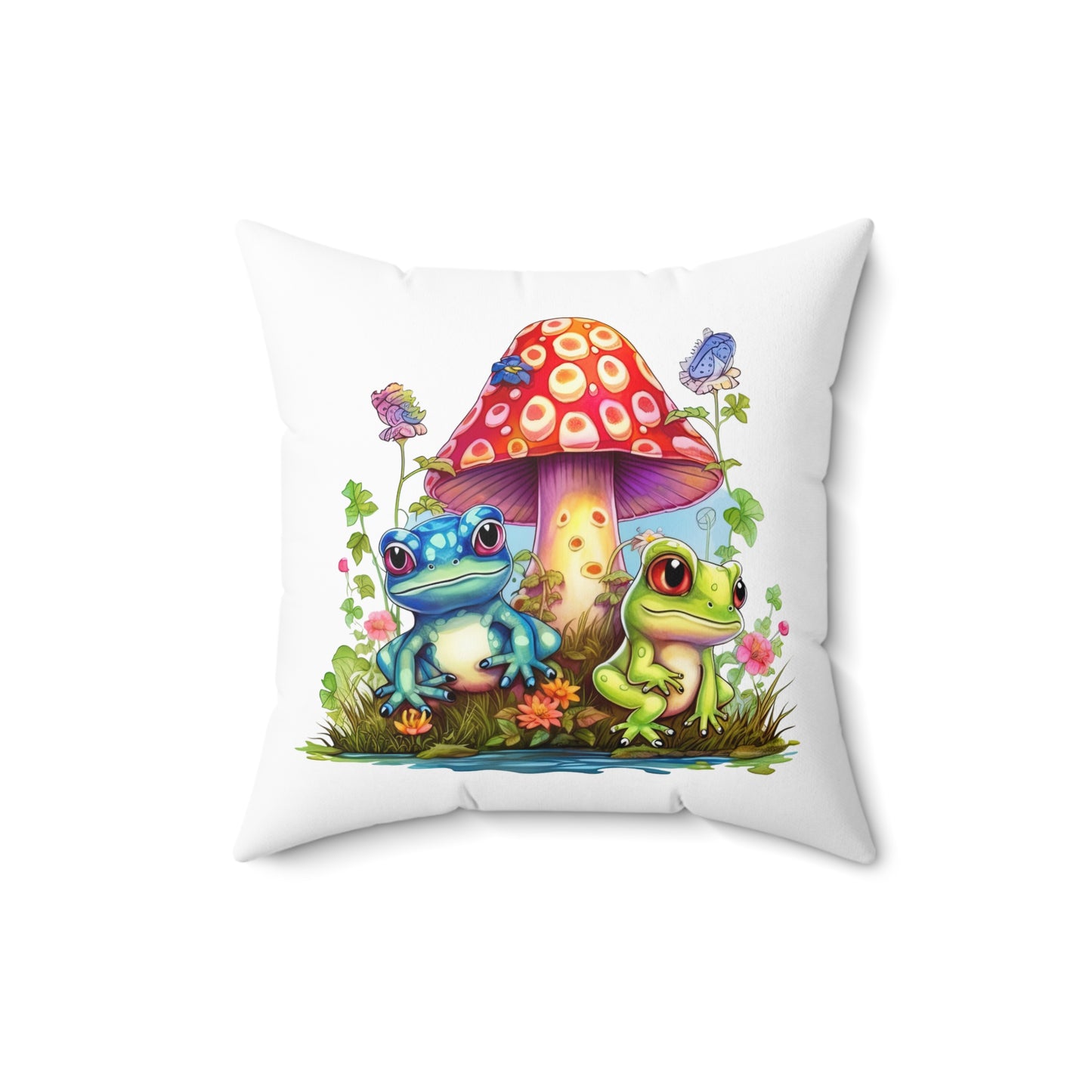 Decorative Spun Polyester Square Pillow, Stylish Mushroom and Frogs Decor for Home or Office, Great Gift Idea for Any Occasion for Anyone