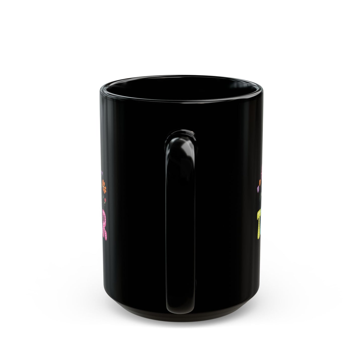 Education Theme Teacher with Floral Black Mug (11oz, 15oz) Great Gift for Teachers to Enjoy Their Coffee, Tea or Hot Chocolate, Gift Idea for Educators