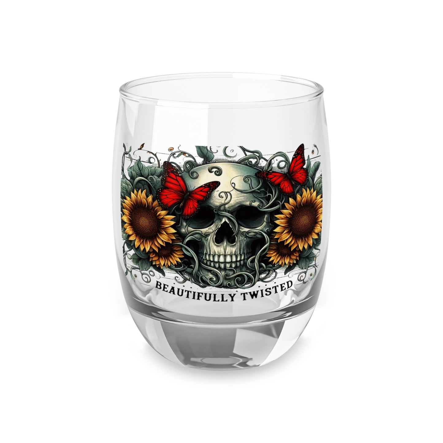 Skull & Sunflower Whiskey Glass 6oz — 'Beautifully Twisted' Glass