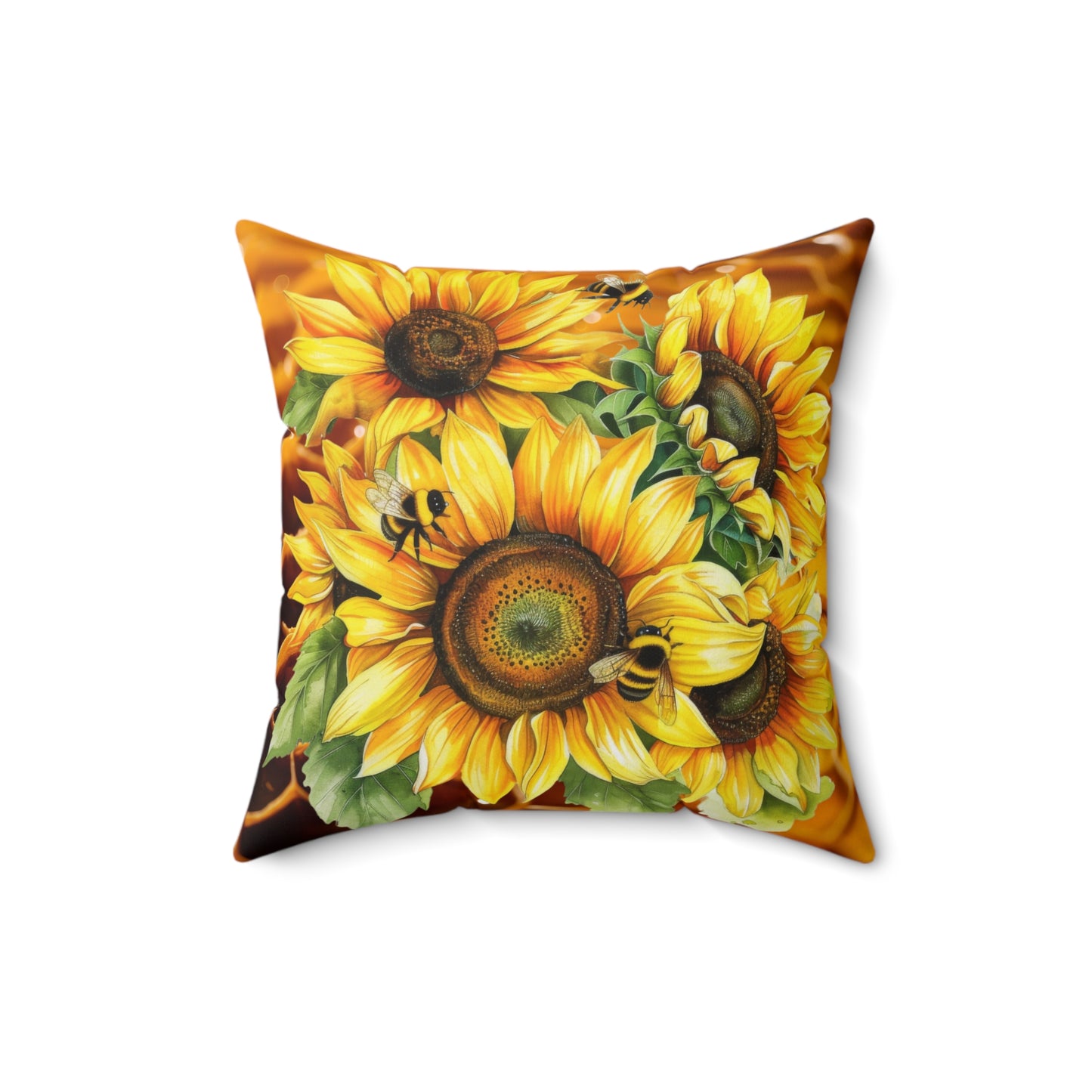 Decorative Spun Polyester Square Pillow, Honeybees and Sunflowers Accent for Any Room, Honeybees and Sunflower Lovers Home or Office Decor