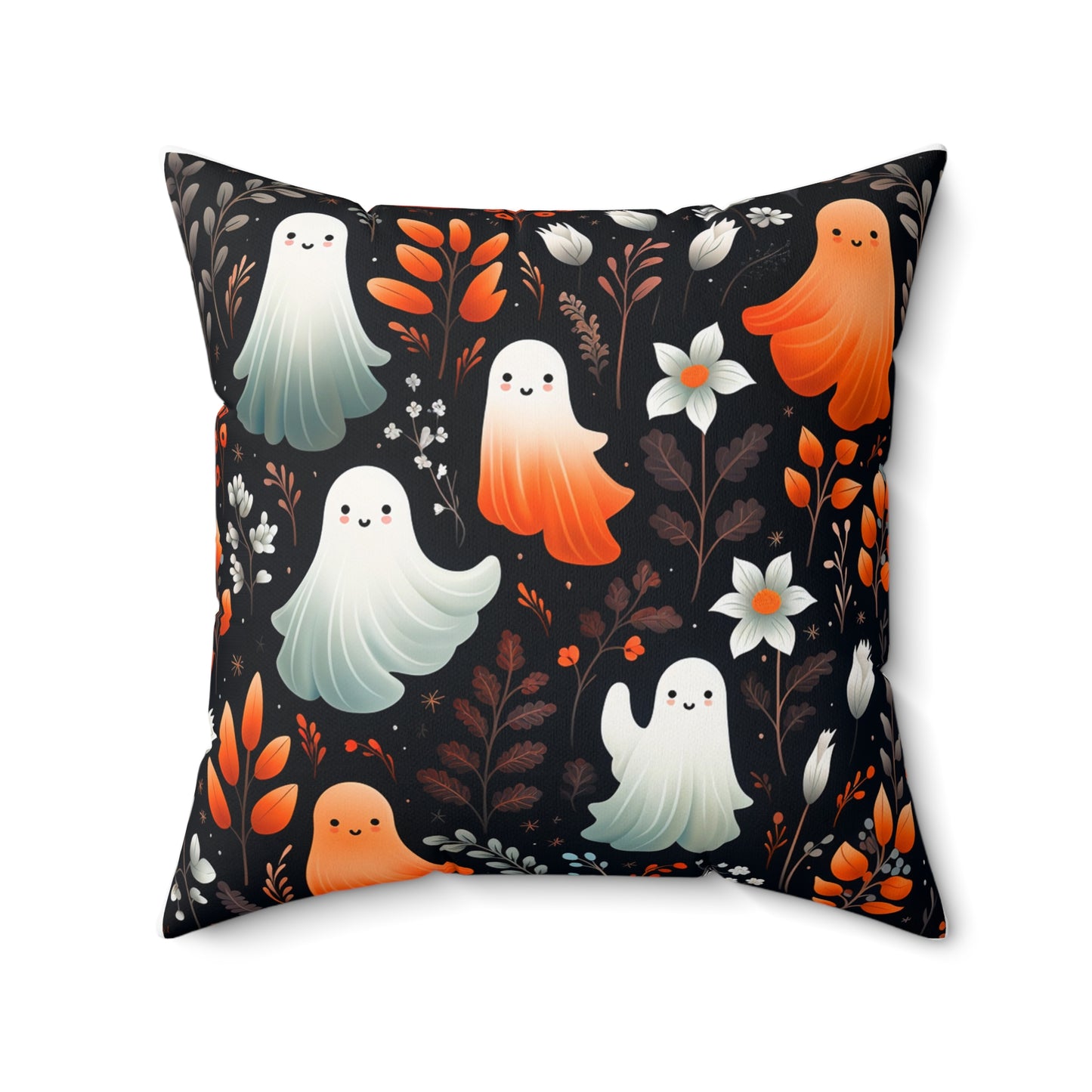 Friendly Ghosts And Floral Spun Polyester Square Pillow, Accent for Any Room, Beautiful Fun Festive Halloween Decor, Great Housewarming Gift Idea
