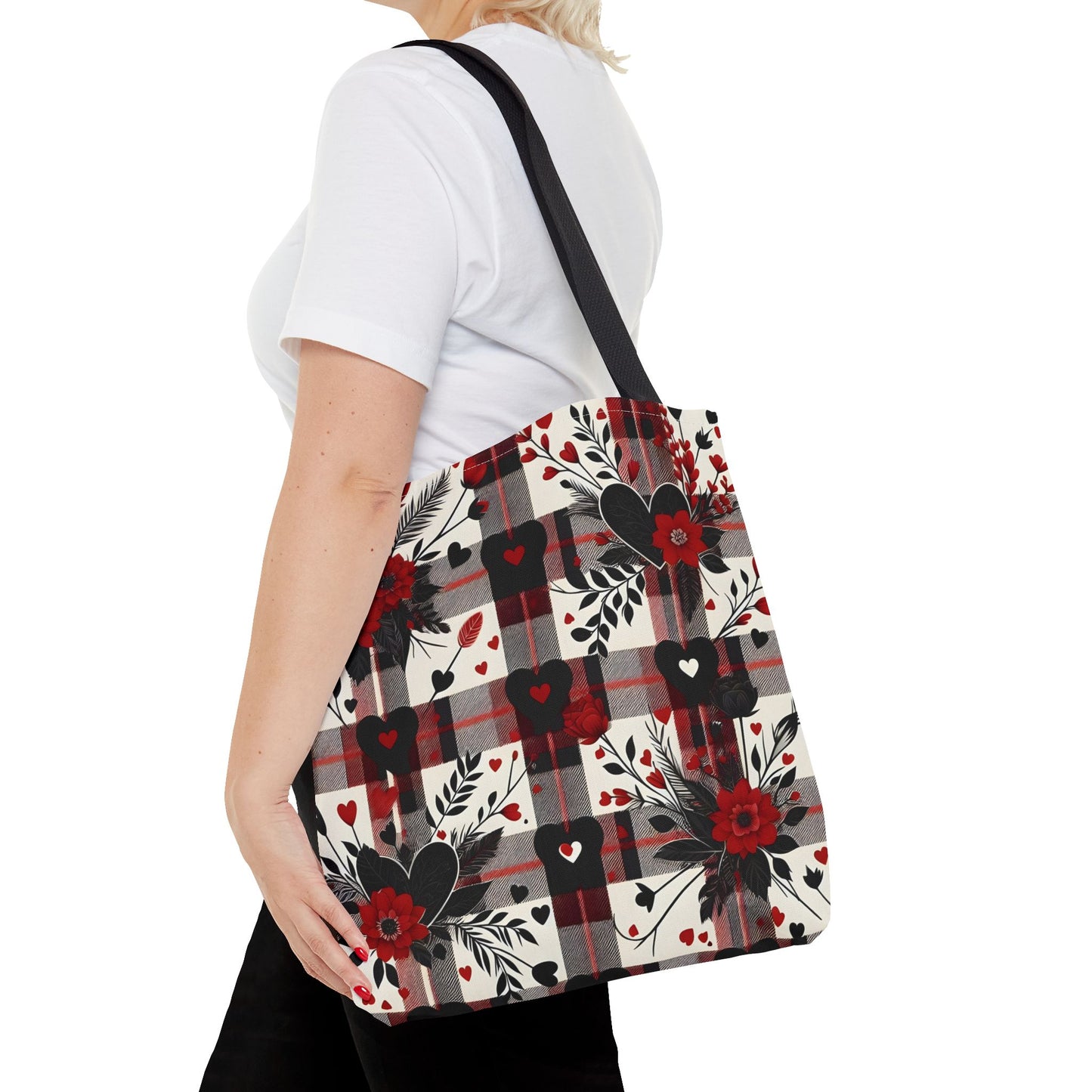 Fashionable Valentine Tote Bag (AOP) with Flowers and Hearts Plaid Design Pattern