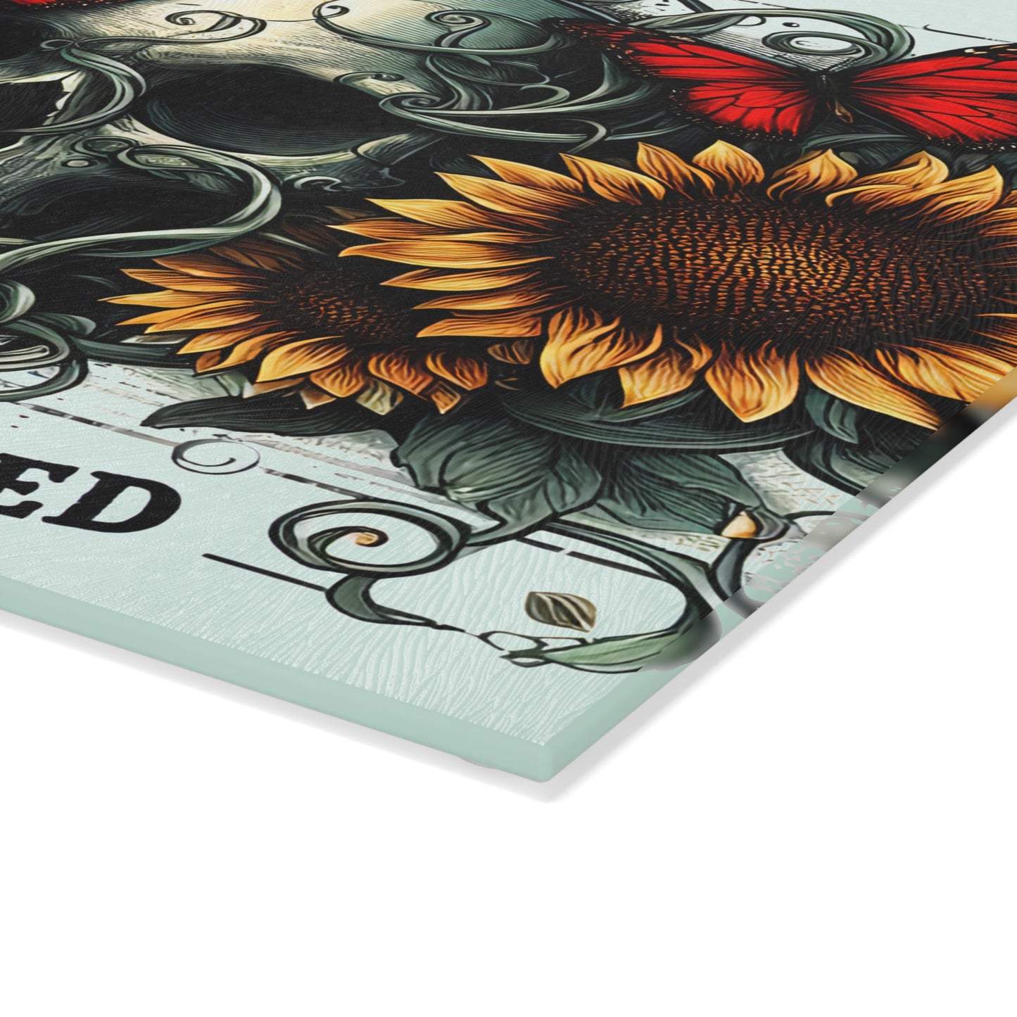 Beautifully Twisted Skull Glass Cutting Board with Sunflowers and Butterflies
