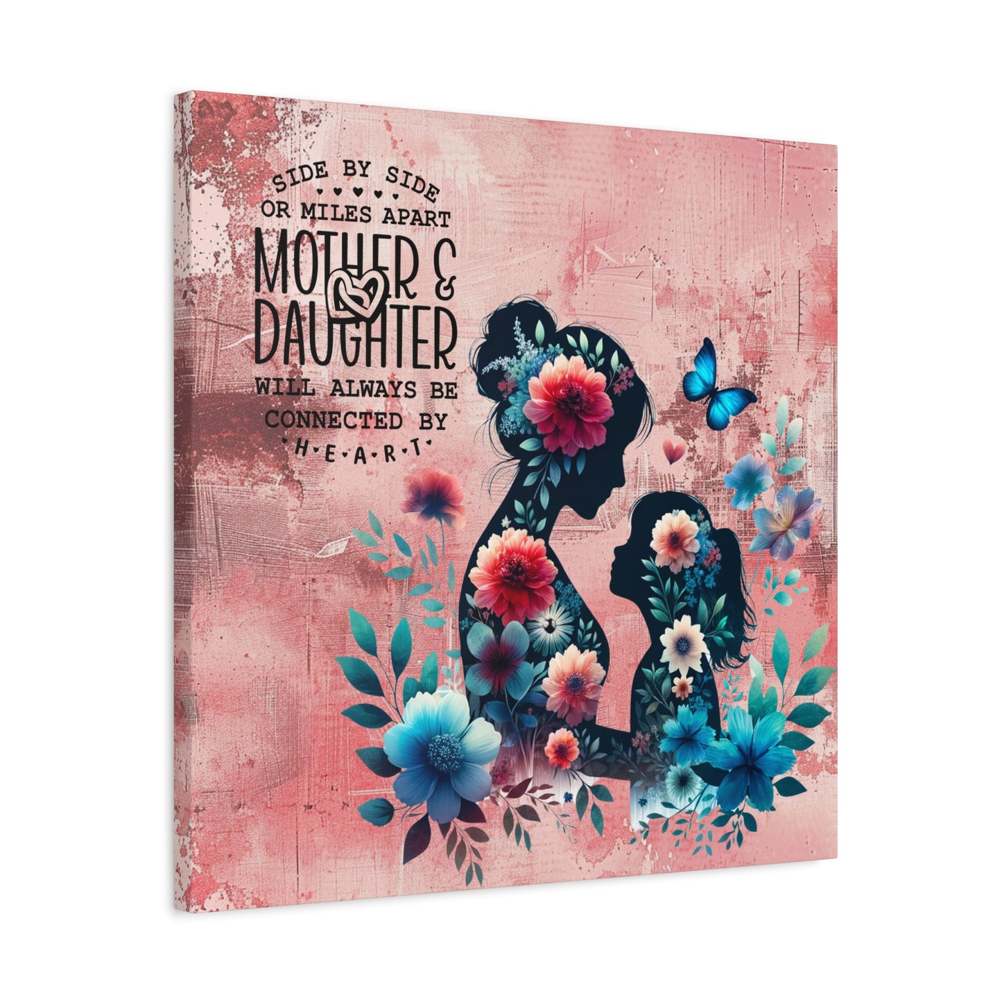 Mother-Daughter Love With Floral And Butterfly Canvas Wall Art Print