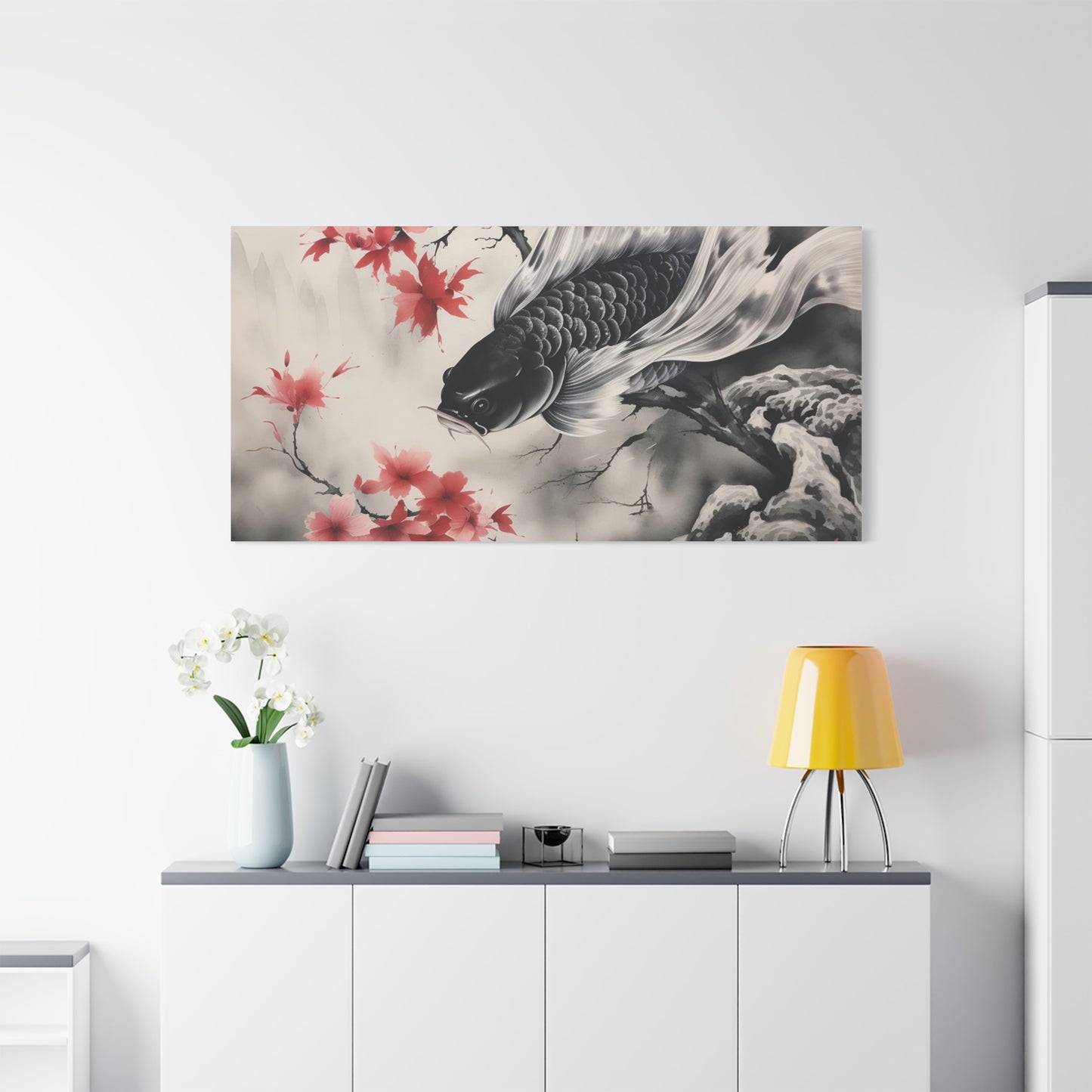 Koi Fish Artwork Canvas Wall Art Print - Elegant Decorative Wall Art with Cherry Blossoms