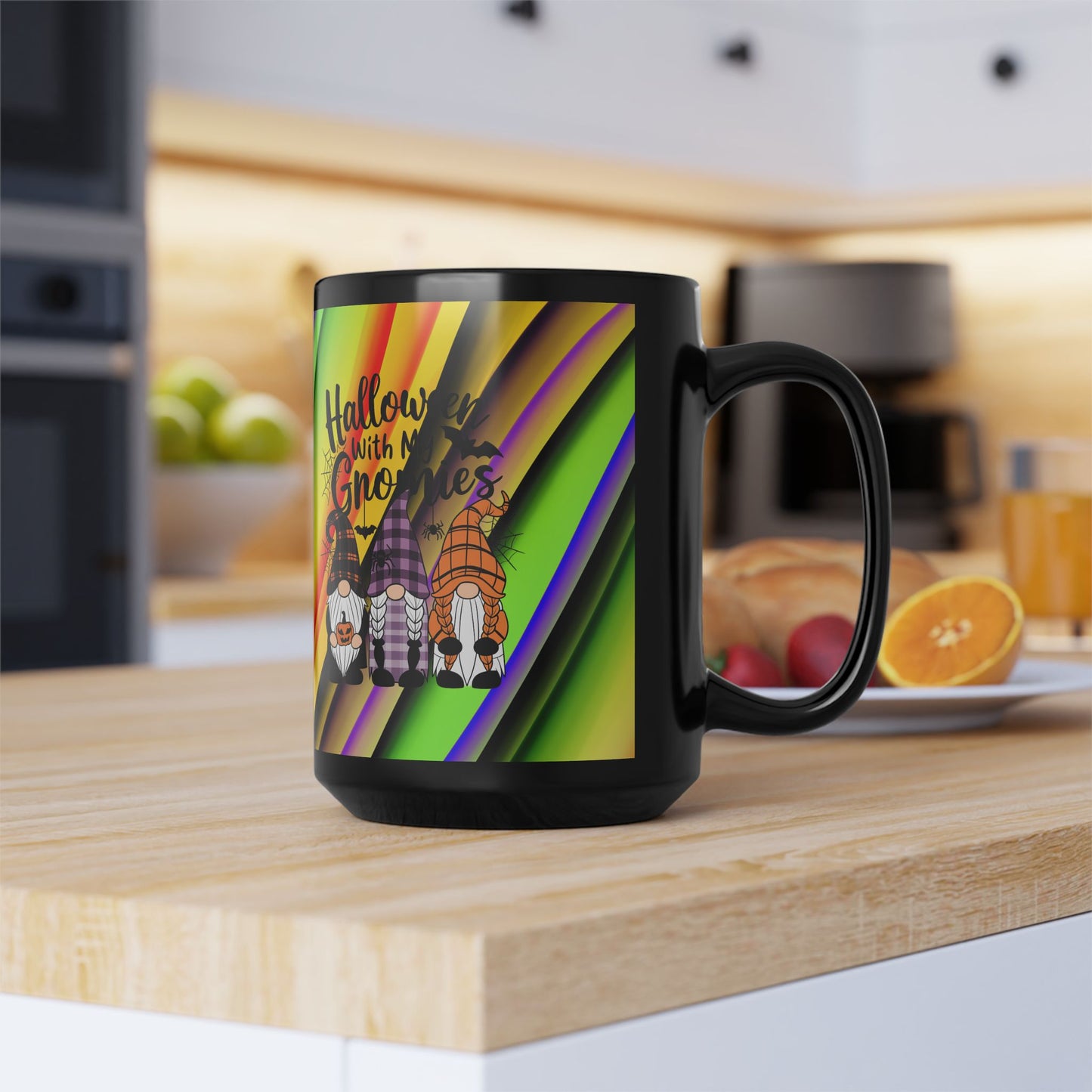 Halloween Theme Black Mug (11oz, 15oz), Cute Halloween Expression with Gnomes, Halloween Lovers, Gnome Lovers, Coffee, Tea, Hot Chocolate Lovers Gift Idea