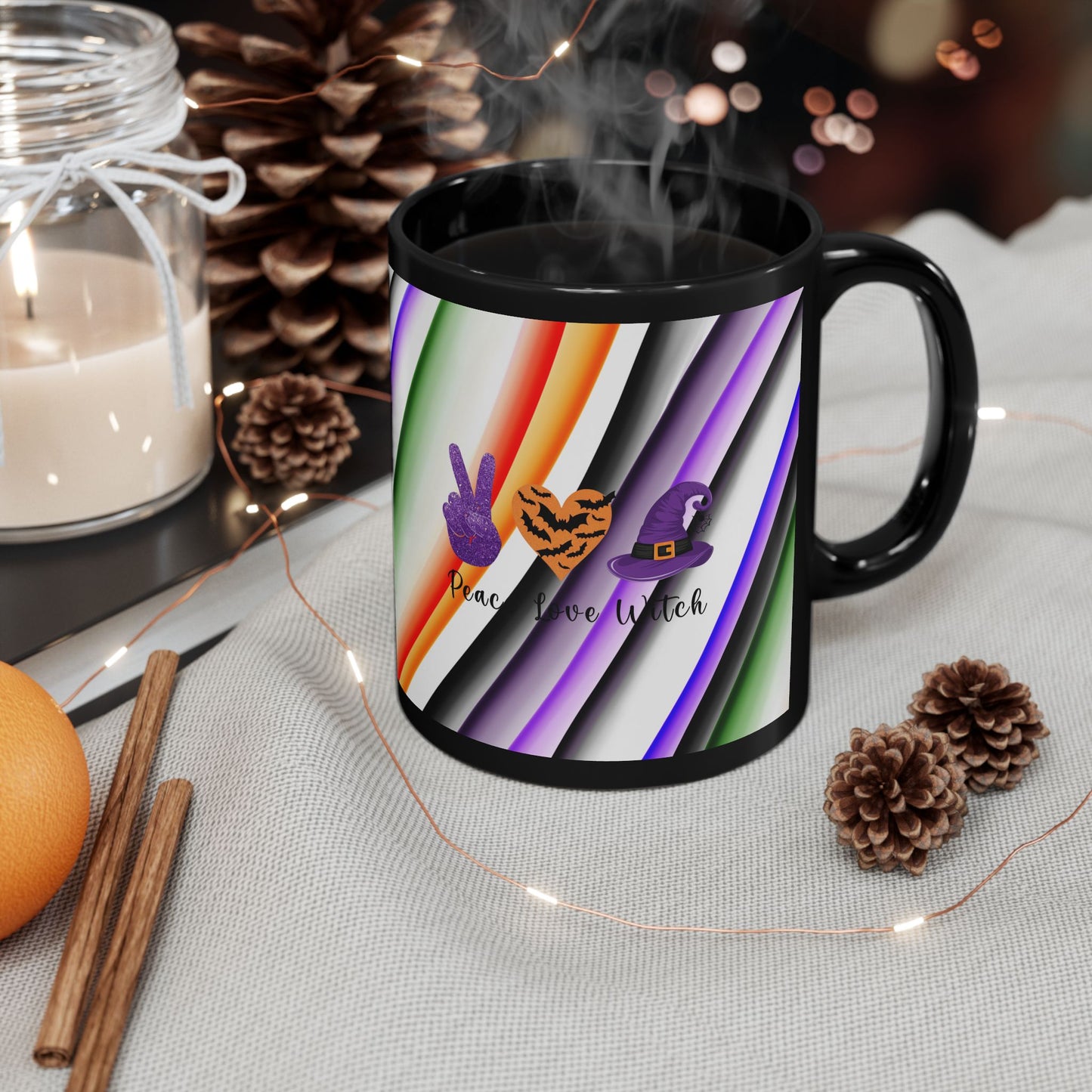 Halloween Theme Black Mug (11oz, 15oz), Peace Loving Halloween Lovers, Coffee, Tea, Hot Chocolate Lovers, Gift Idea for Any Occasion for Anyone