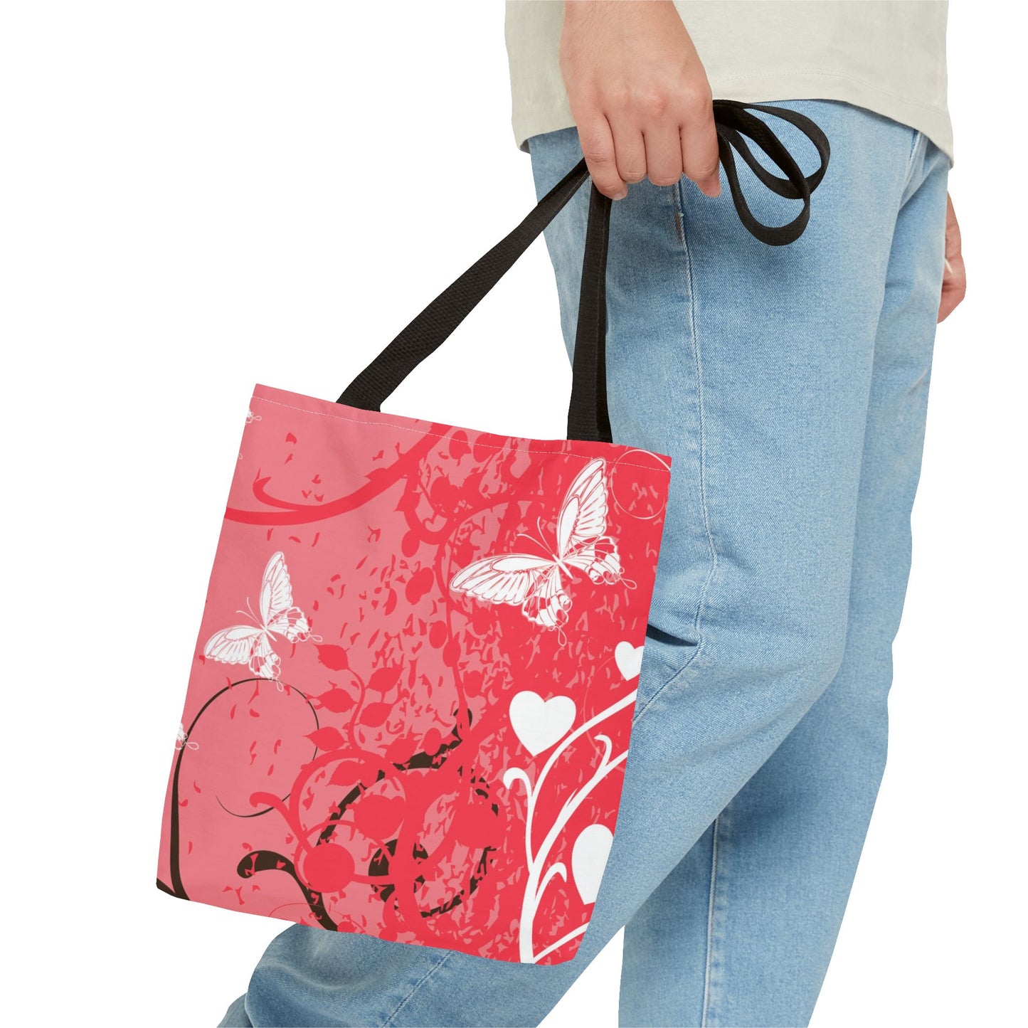 Pink Butterfly Heart Floral Abstract Fashionable Tote Bag (AOP), Stylish, Gift Idea for Birthdays, Holidays, Any Occasion for Anyone