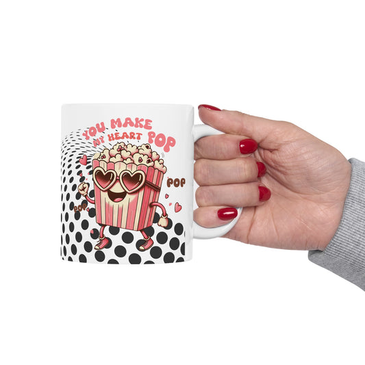 Valentine's Day Ceramic Mug – 'You Make My Heart Pop' Polka Dot Love Coffee Cup (11oz/15oz)