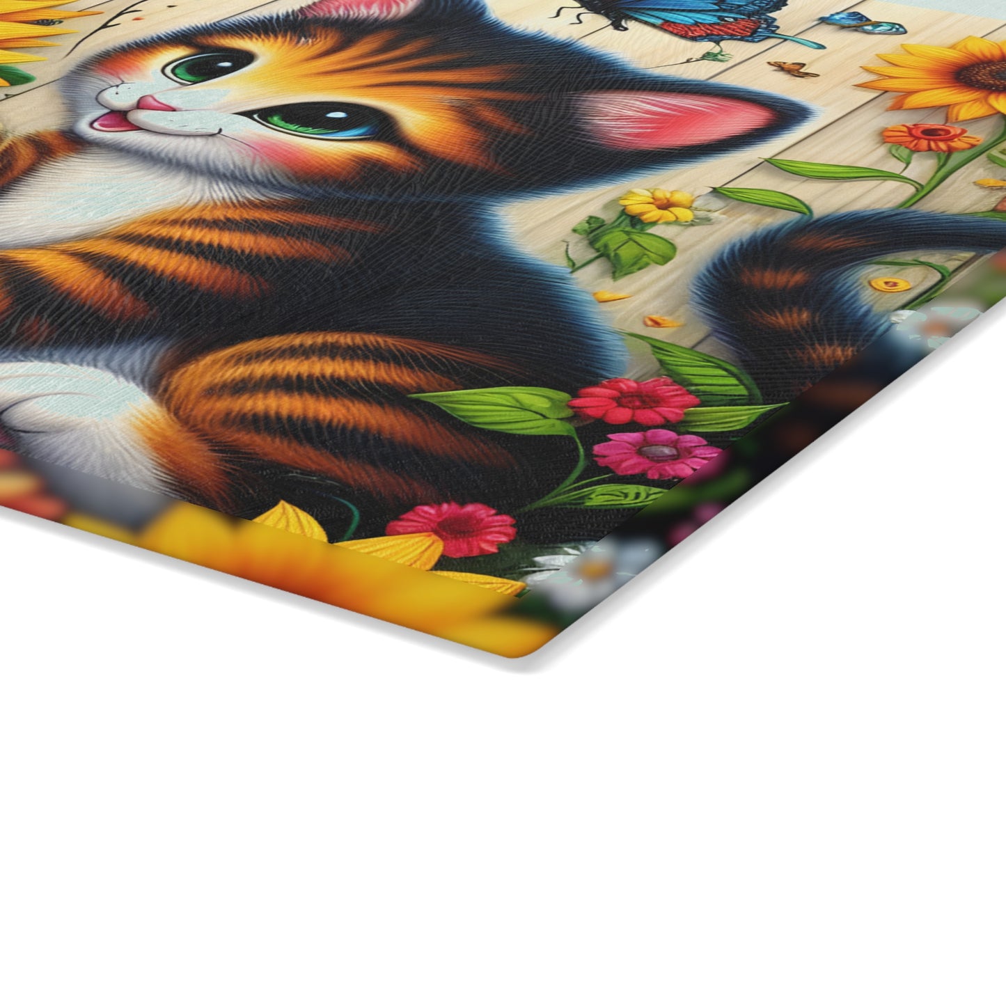 Colorful Cat & Sunflower Glass Cutting Board