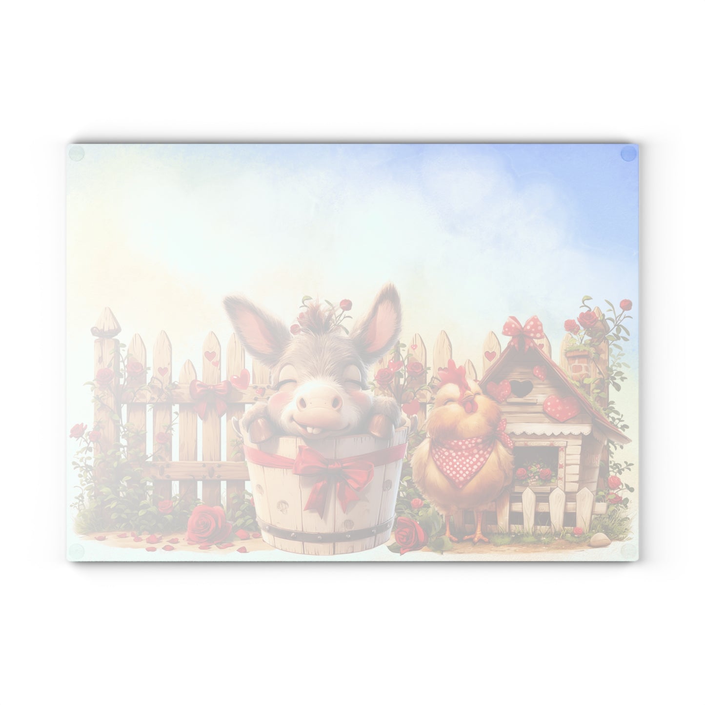 Glass Cutting Board - Cute Farm Donkey & Chicken Kitchen Decor, Heart Garland Rustic Countryside