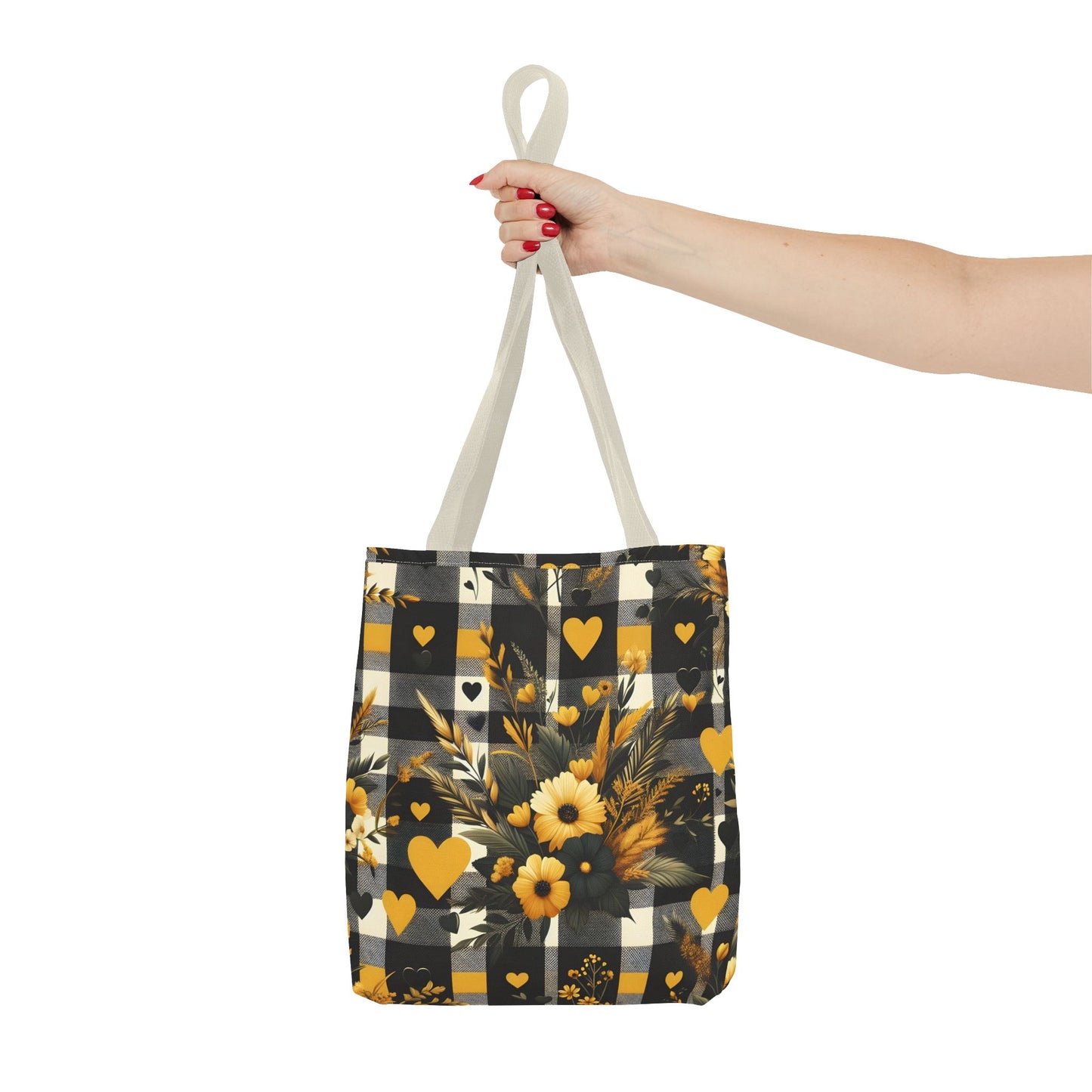 Stylish Yellow and Black Plaid Pattern with Floral and Hearts Tote Bag(AOP)