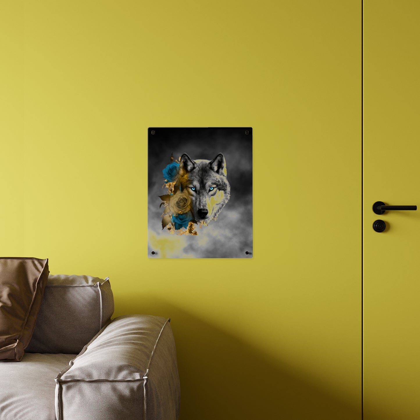 Lively Wolf Acrylic Wall Art Panel - Blue Roses Decor