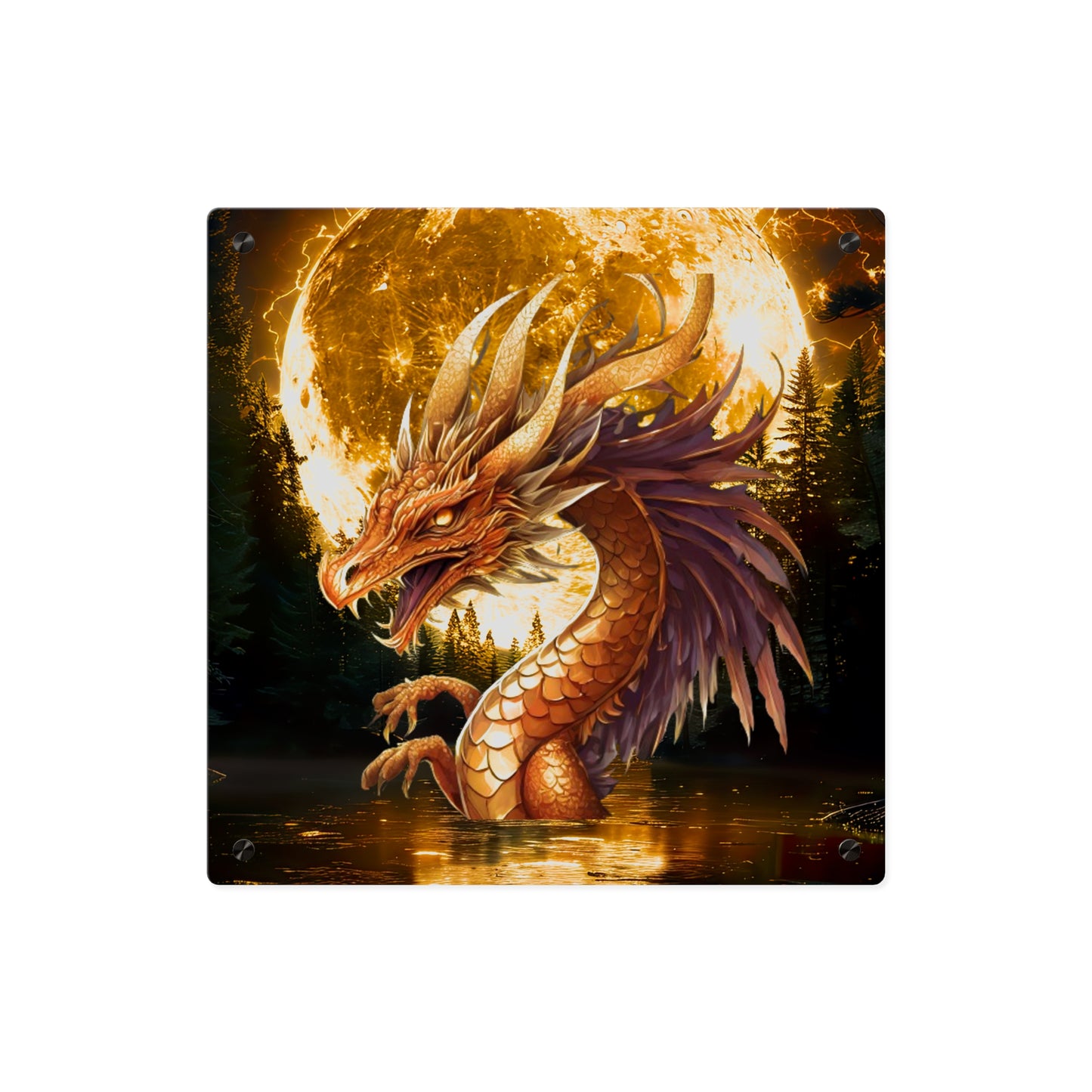 Gothic Theme Acrylic Wall Art Panel, Purple Dragon with Moon Background, Dragon Lovers, For Anyone, Accent for Any Room