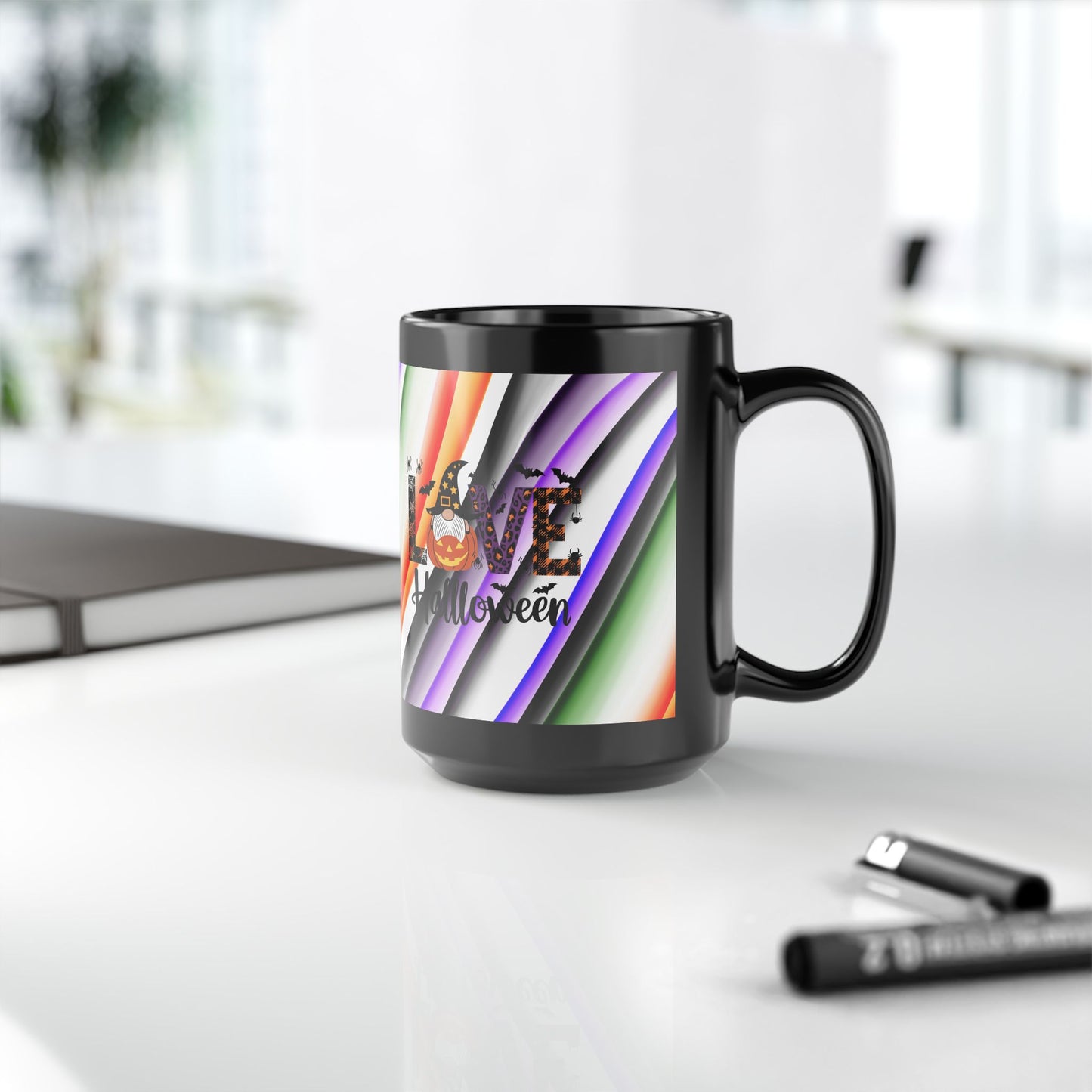 Halloween Theme with Gnome Black Mug (11oz, 15oz) Halloween Lovers, Coffee, Tea, Hot Chocolate lovers, Great Gift Idea for Any Occasion for Anyone