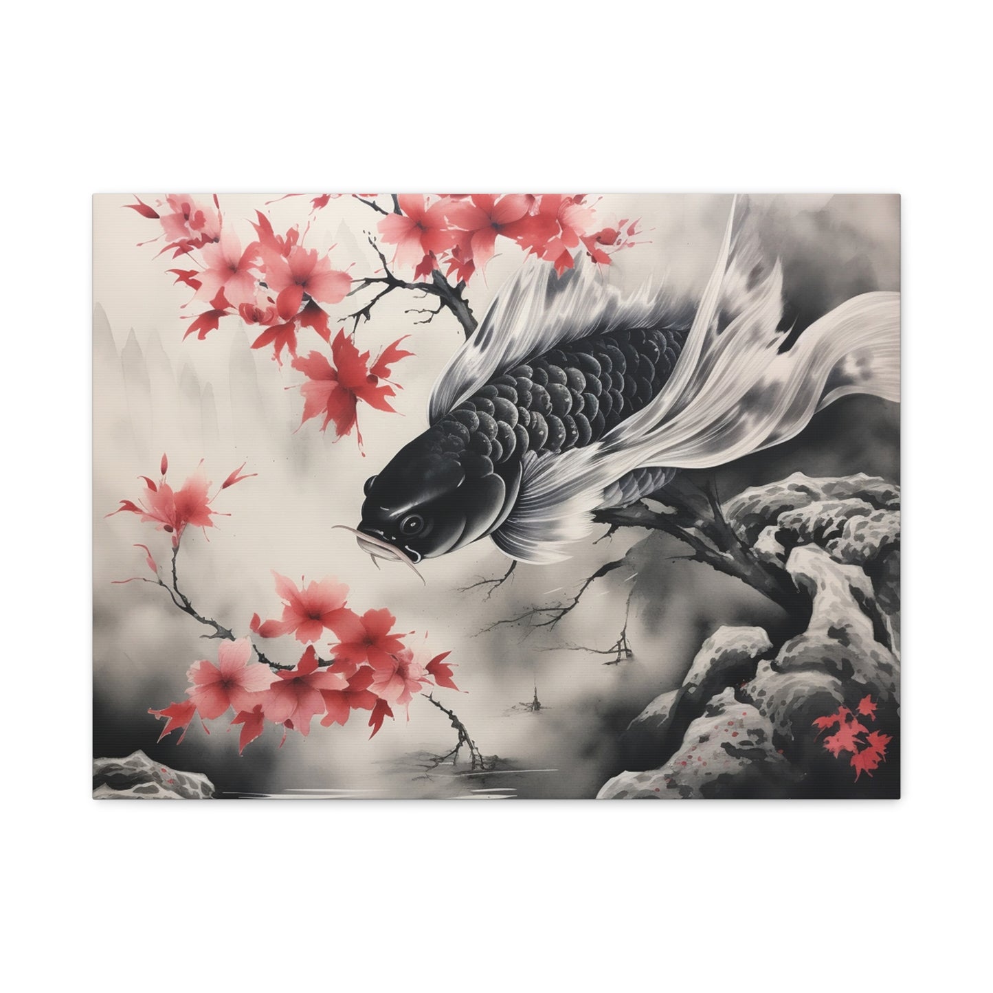 Koi Fish Artwork Canvas Wall Art Print - Elegant Decorative Wall Art with Cherry Blossoms