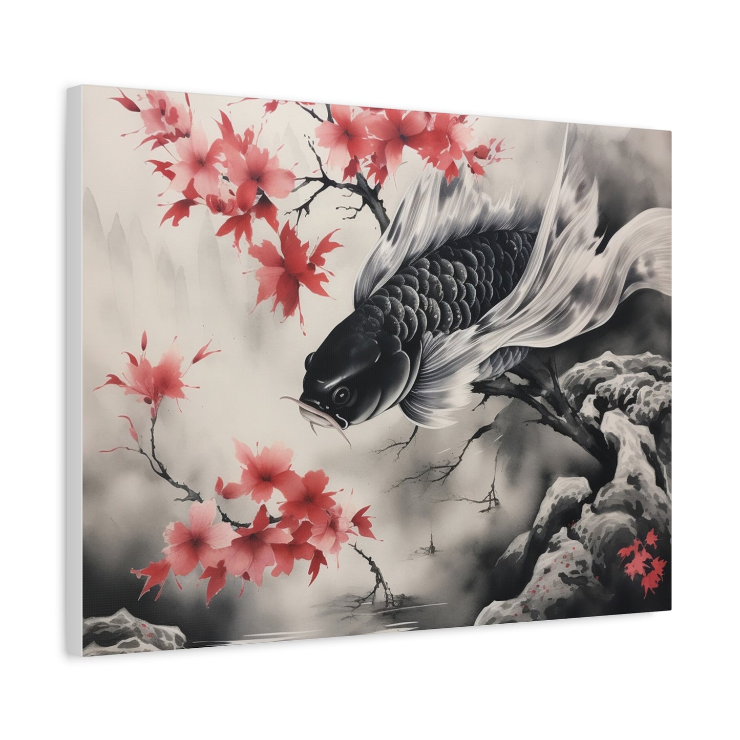 Koi Fish Artwork Canvas Wall Art Print - Elegant Decorative Wall Art with Cherry Blossoms