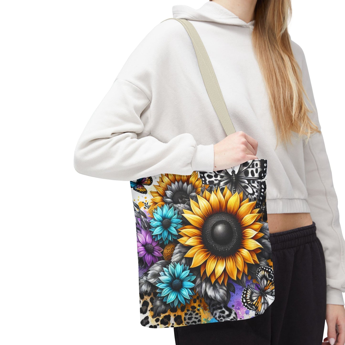 Sunflower & Butterfly Tote Bag — Colorful Floral All-Over Print
