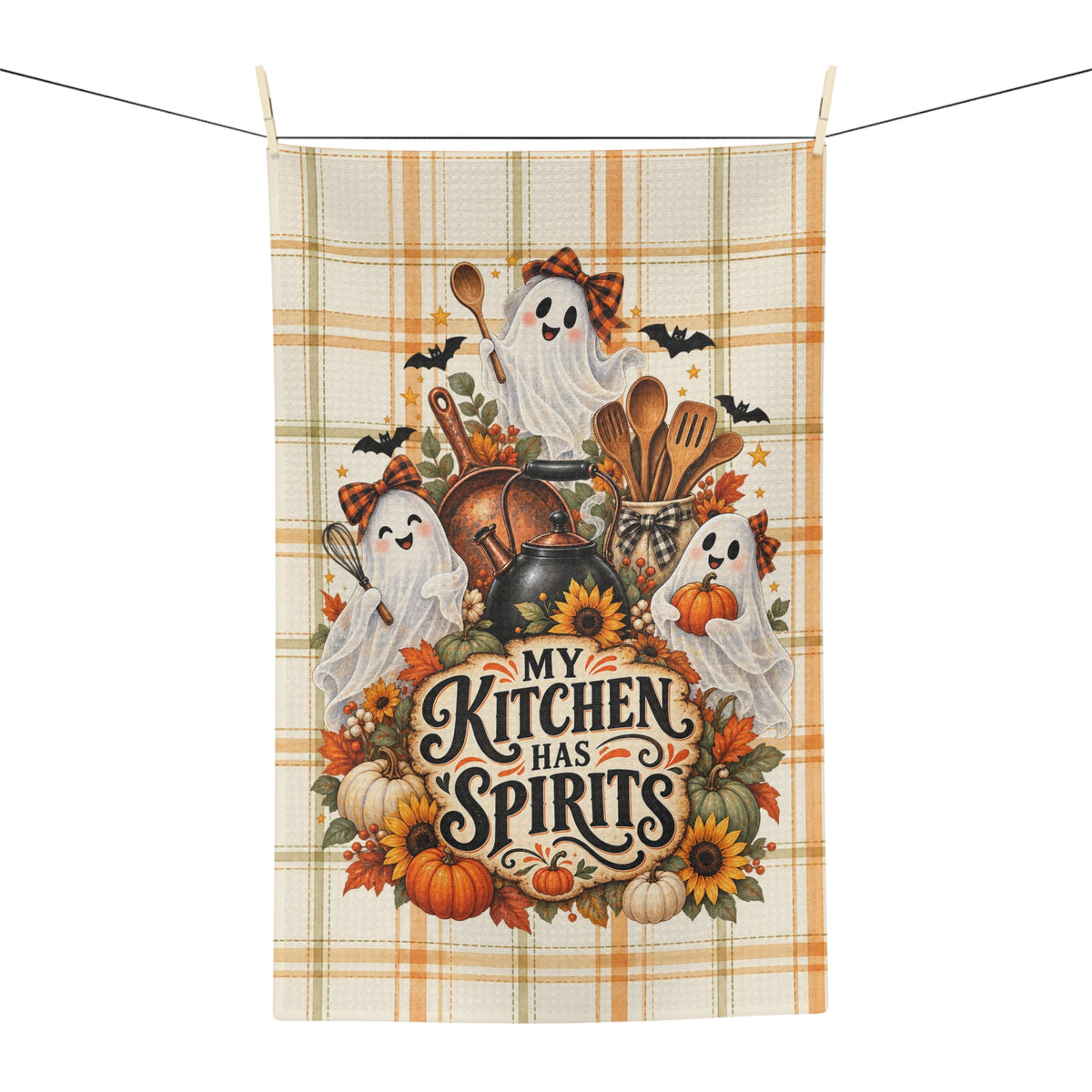 My Kitchen Has Spirits Halloween Ghosts Microfiber Tea Towel