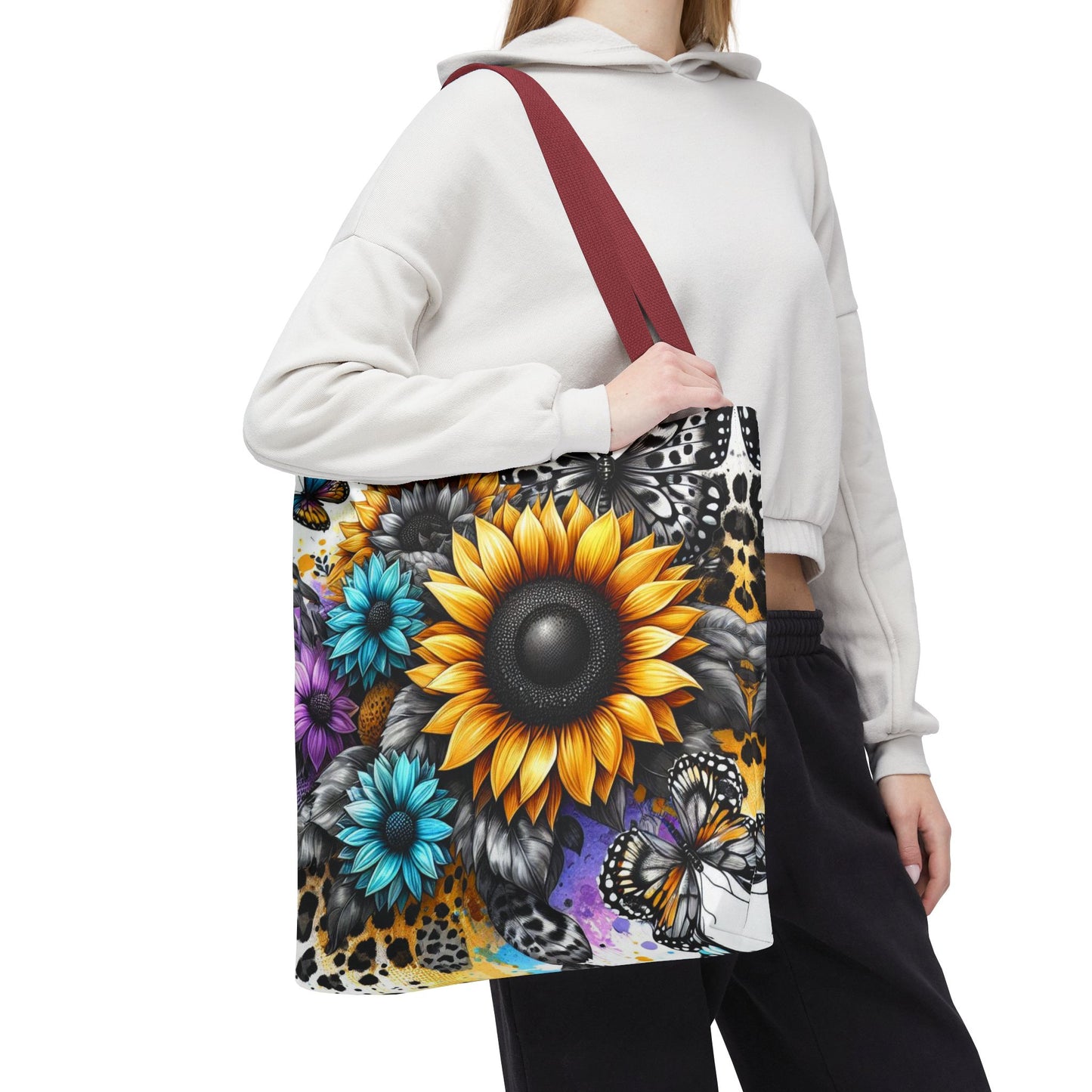 Sunflower & Butterfly Tote Bag — Colorful Floral All-Over Print