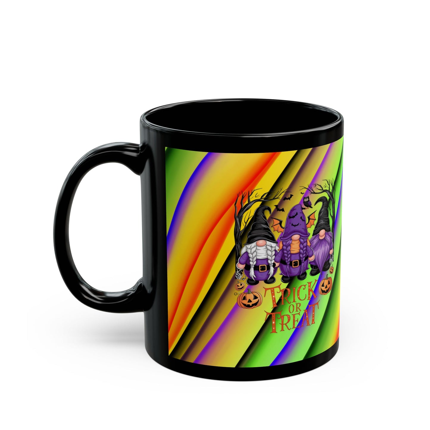 Halloween Theme Black Mug (11oz, 15oz), Cute Halloween Expression with Gnomes, Halloween Lovers, Gnome Lovers, Coffee, Tea, Hot Chocolate Lovers Gift Idea