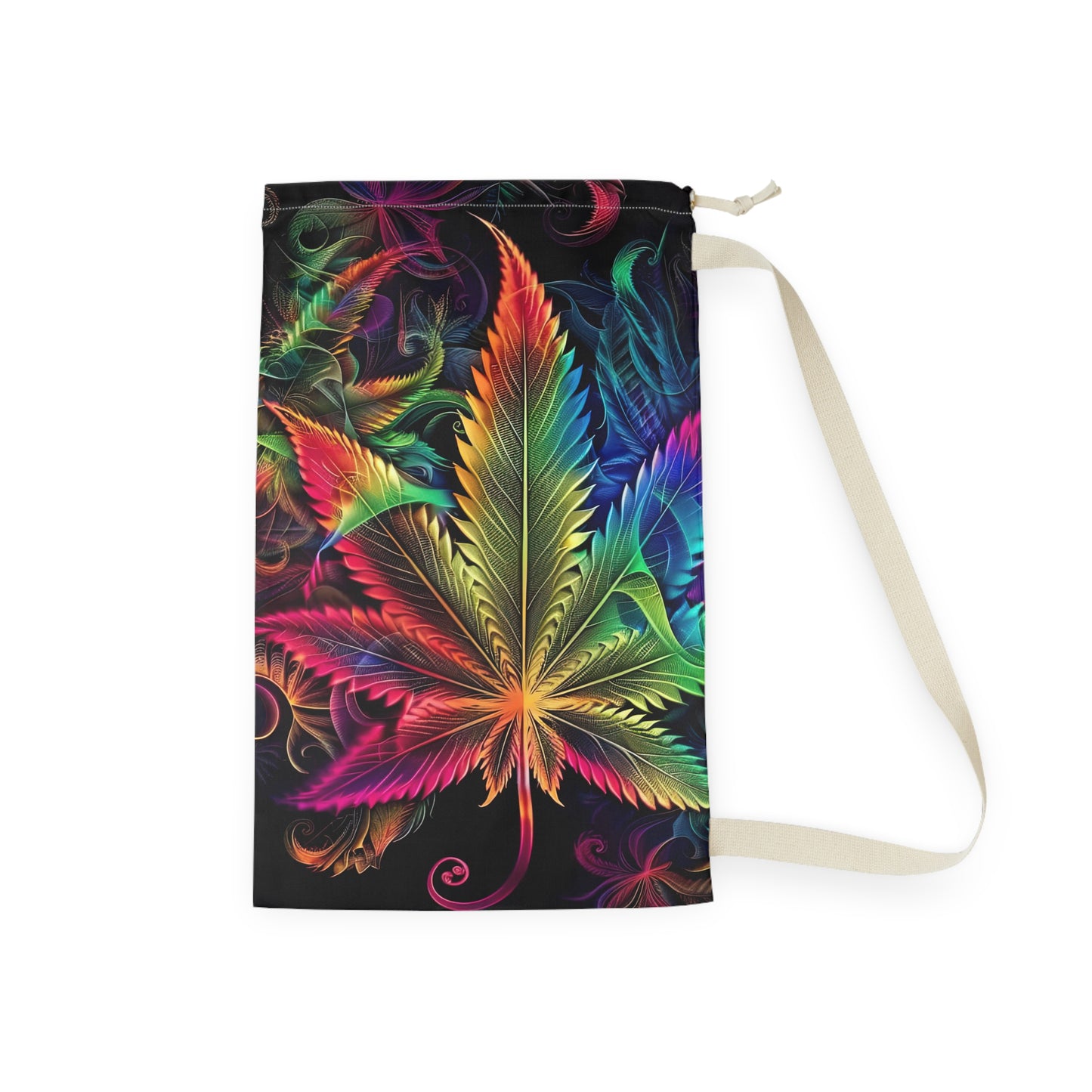 Botanical Rainbow Leaf Laundry Bag — Vibrant Drawstring Clothes Pouch