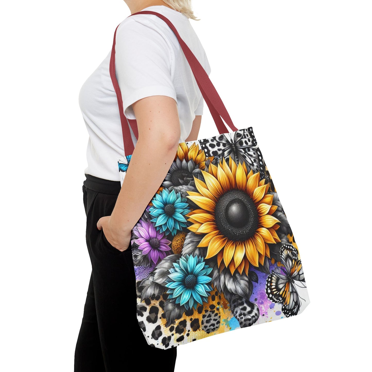Sunflower & Butterfly Tote Bag — Colorful Floral All-Over Print