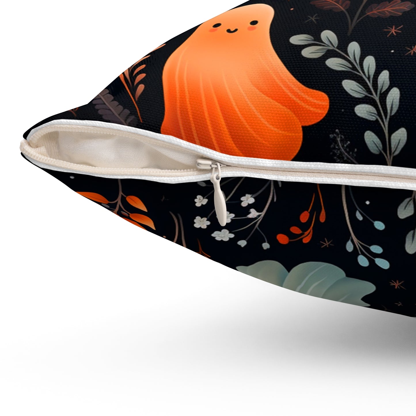 Friendly Ghosts And Floral Spun Polyester Square Pillow, Accent for Any Room, Beautiful Fun Festive Halloween Decor, Great Housewarming Gift Idea