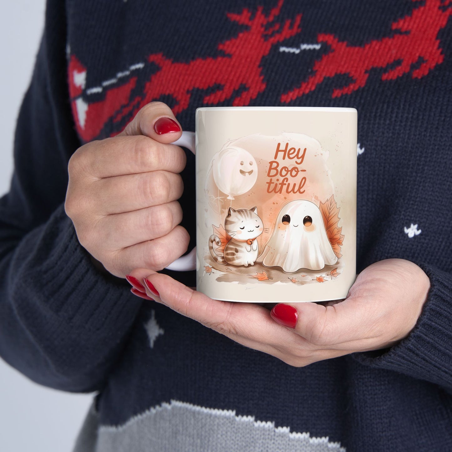 Autumn Hey Boo-tiful Ghost Ceramic Mug, Cozy Fall Mug, Cute Ghost Coffee Cup, Gift for Ghose Lovers, Halloween Decor, Thanksgiving Coffee Mug
