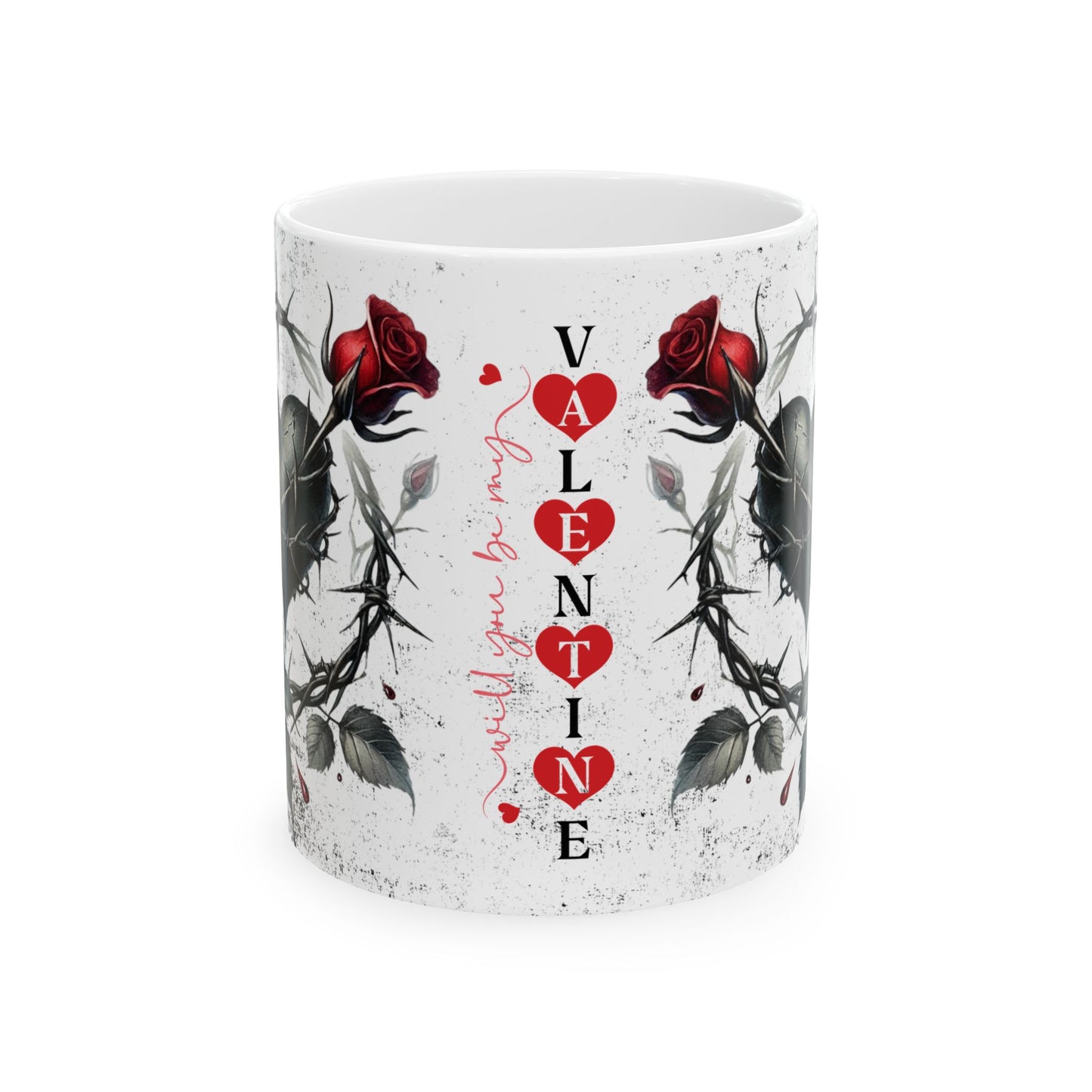 Valentine Ceramic Mug - "Will You Be My Valentine" Gothic Red Rose & Thorn Design with 'Valentine' Hearts (11oz/15oz)