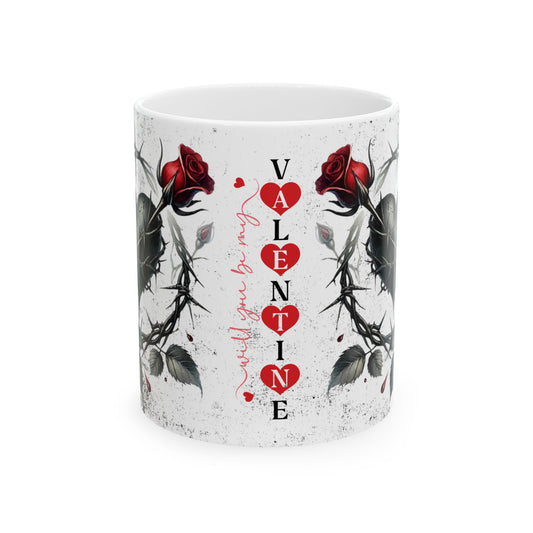 Valentine Ceramic Mug - "Will You Be My Valentine" Gothic Red Rose & Thorn Design with 'Valentine' Hearts (11oz/15oz)
